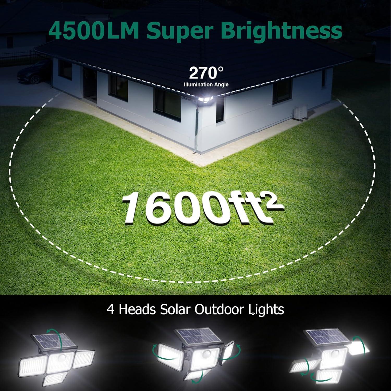 Luces Solares Exteriores 4500LM Omibee, 4 Cabezas Ajustables