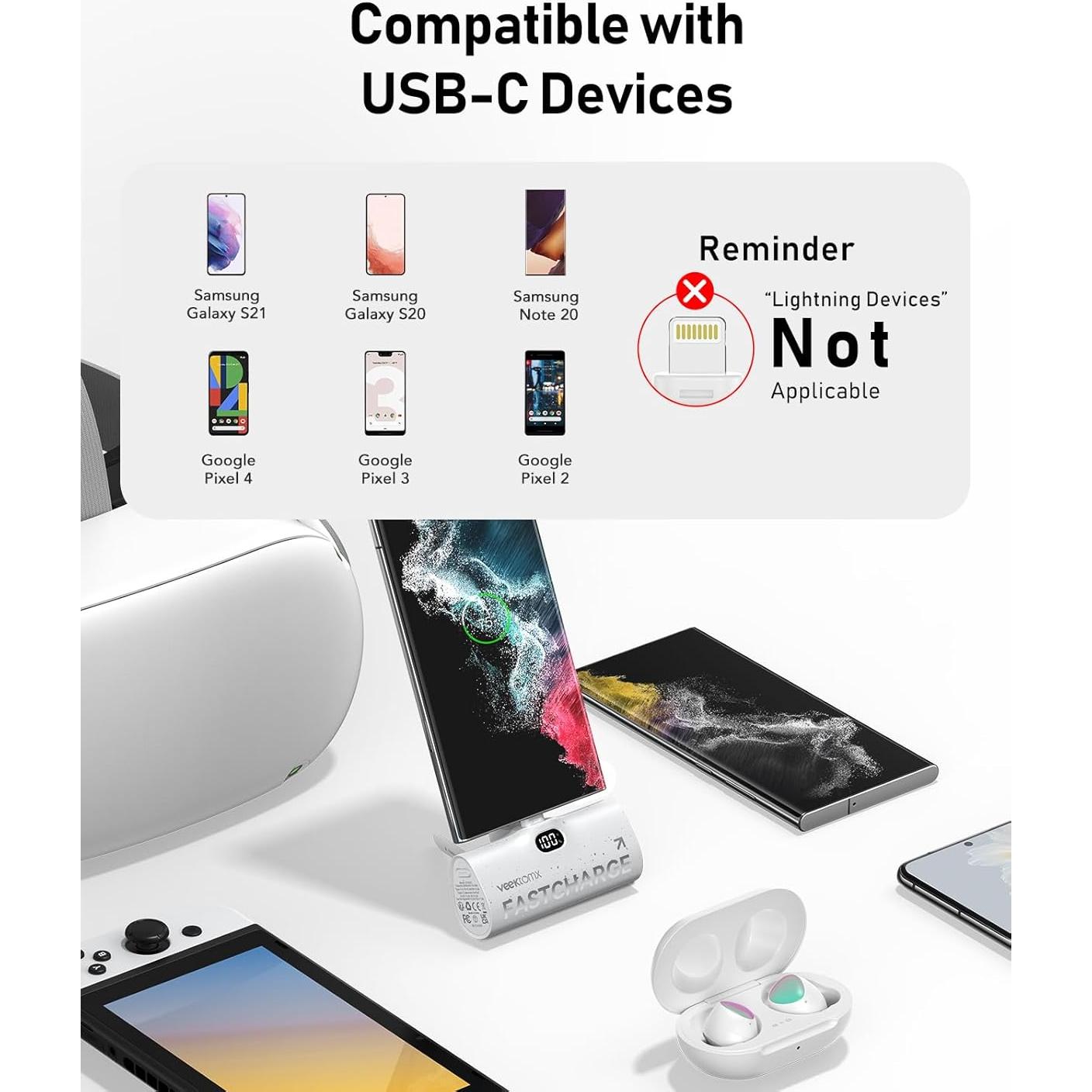 Cargador Portátil VEEKTOMX 5000mAh USB-C Carga Rápida 20W