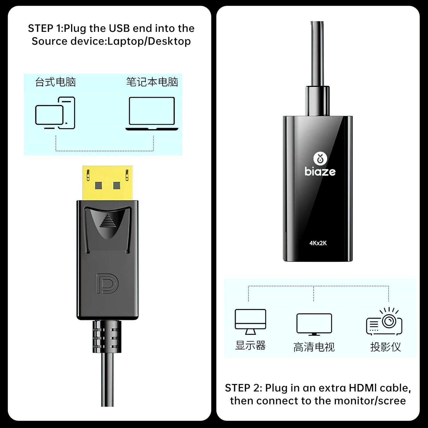Adaptador DisplayPort a HDMI Biaze ZH39-4K, 4K 60Hz, Doble Pantalla