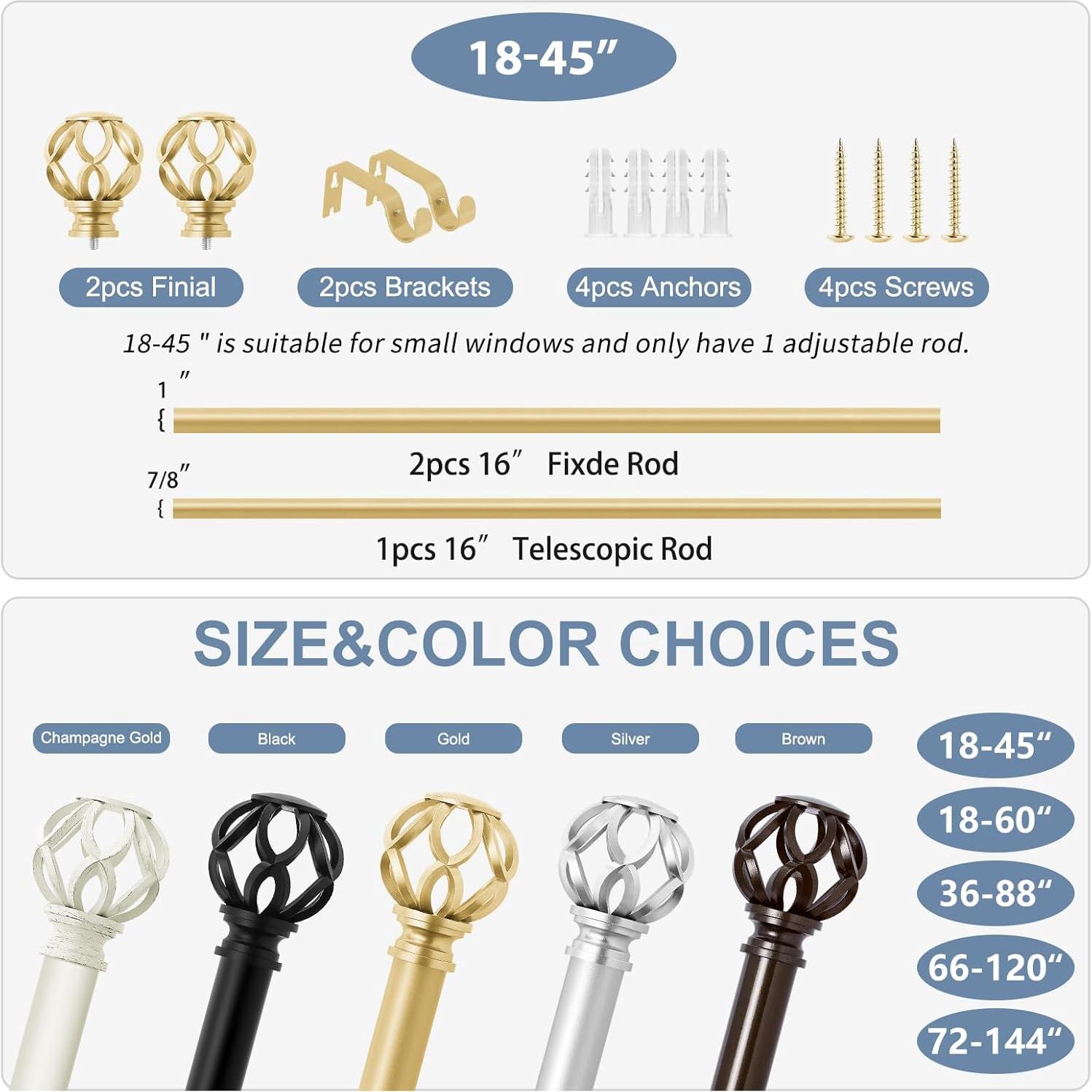 Varillas de Cortina Ajustables TVWOO Doradas 45-114 cm