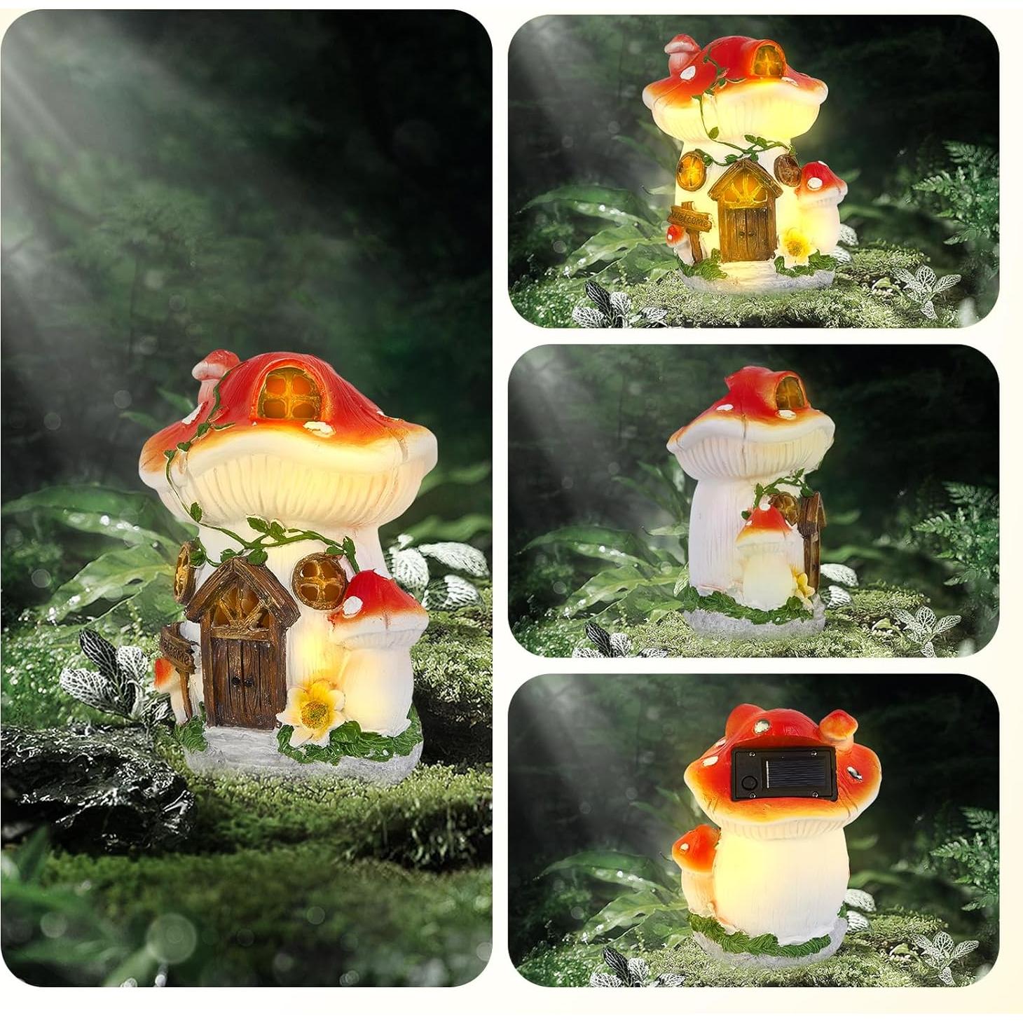 Lámpara Solar Casa de Hongo Roja RZ.Joyo 17cm Decoración Jardín