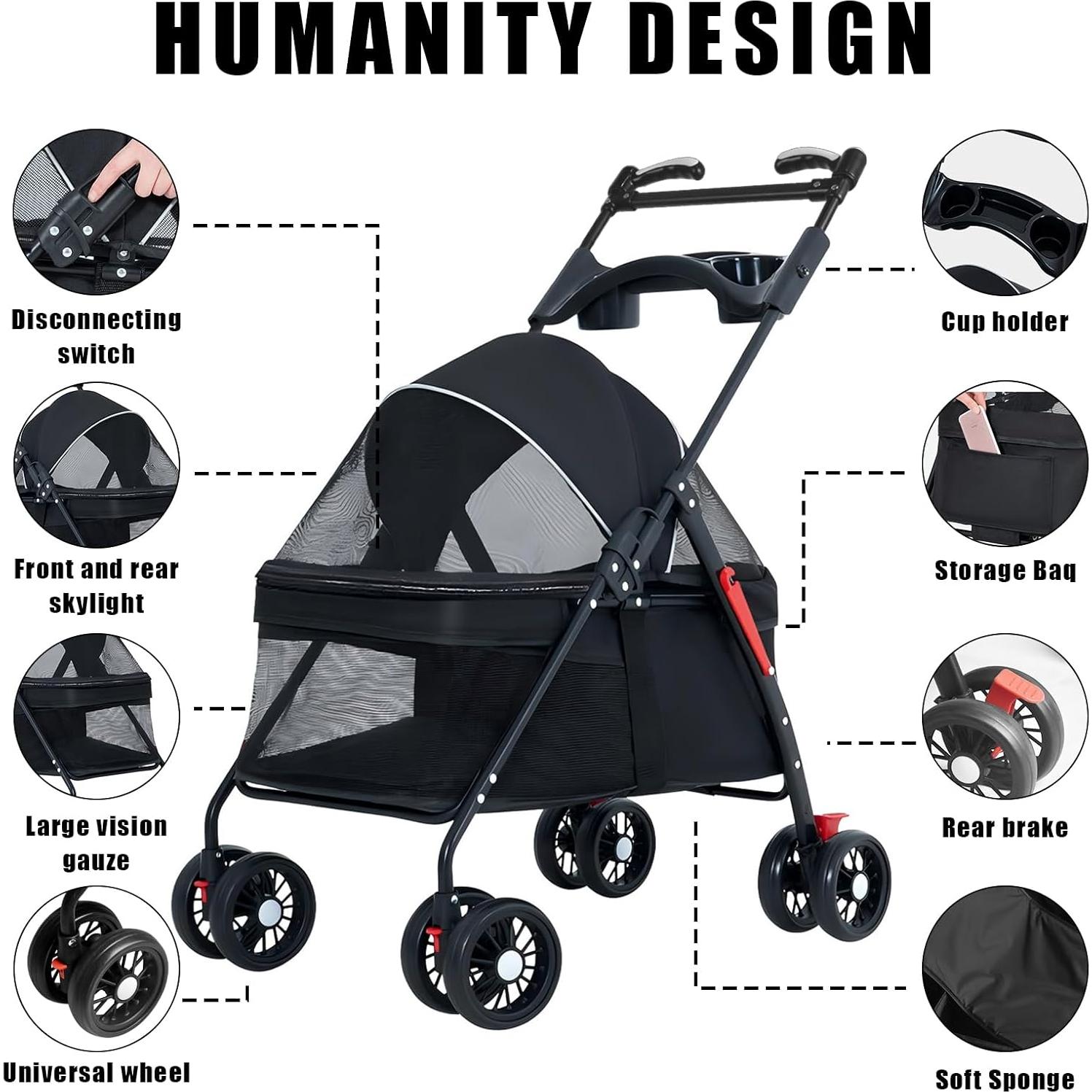 Carrito Plegable para Perros y Gatos OMDOCA 18 kg Negro