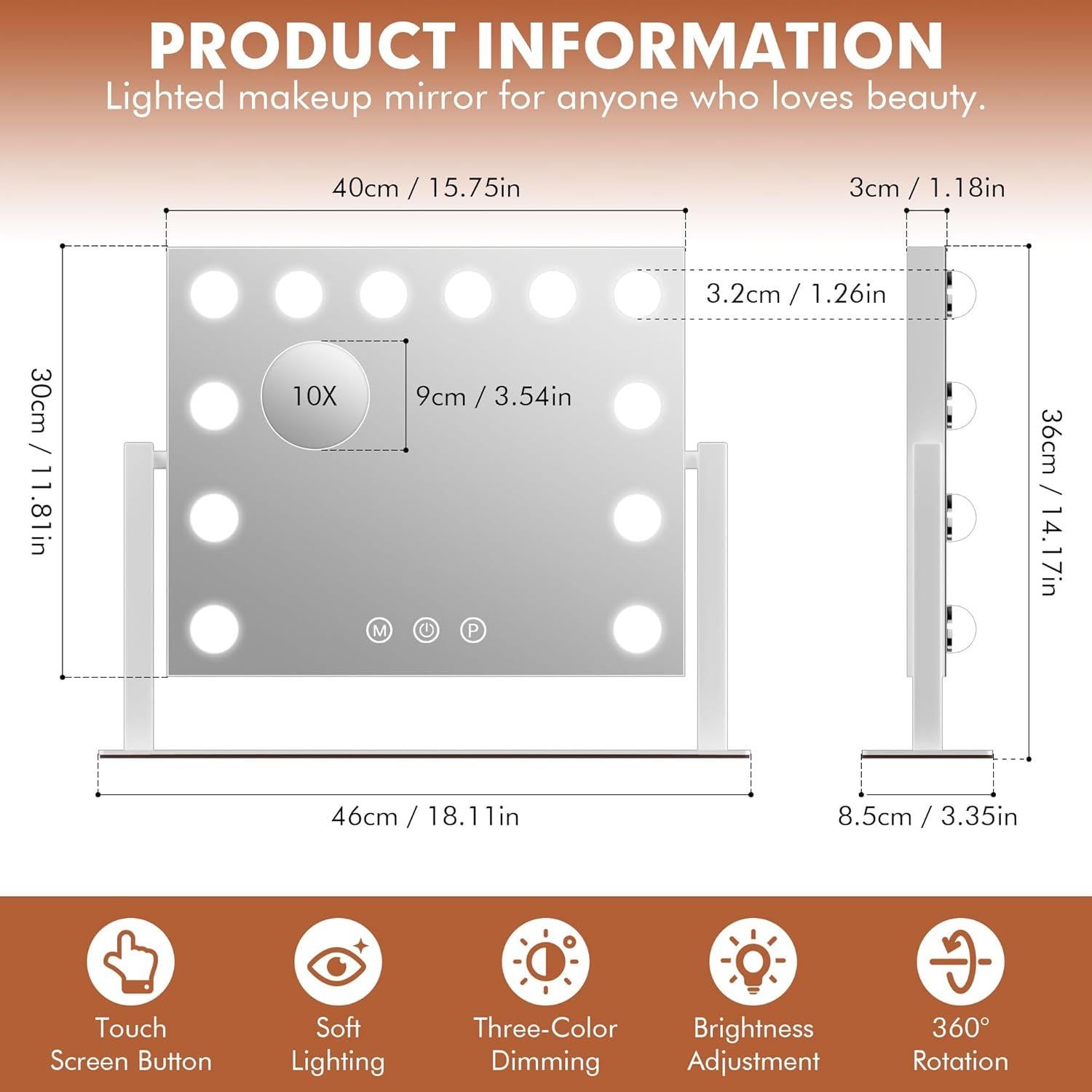 Espejo de Tocador Kottova LED 15.7"x11.8" 3 Colores Ajustables