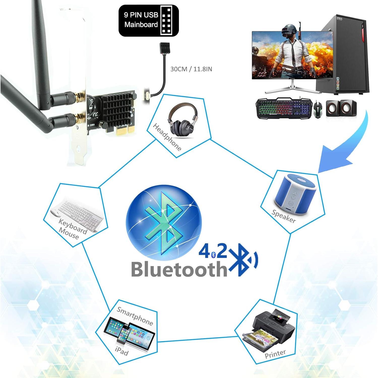 Tarjeta WiFi Ubit AC1200 PCIe con Bluetooth 4.2 para PC