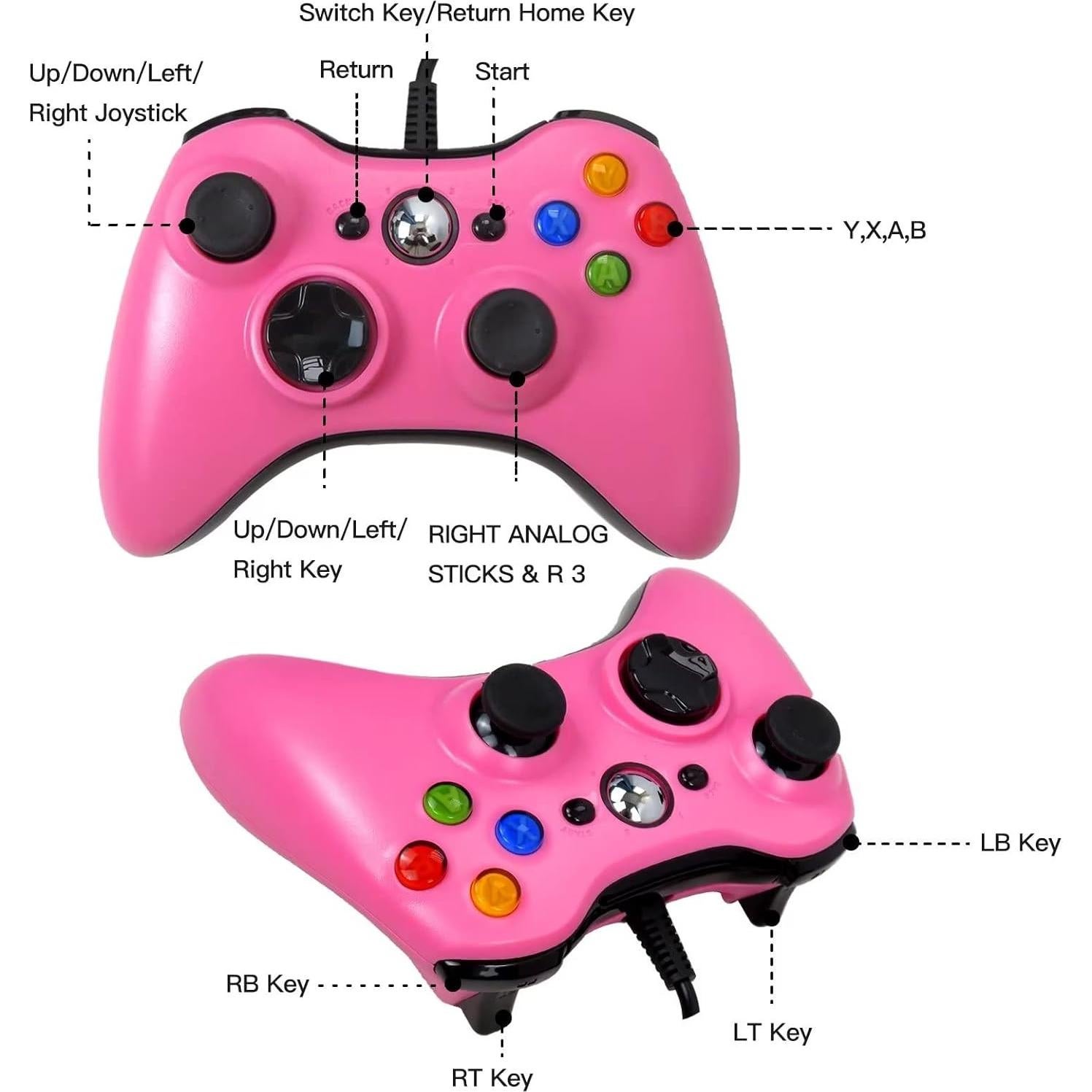 Controlador con cable USB USonline911 para Xbox 360 y PC Rosa