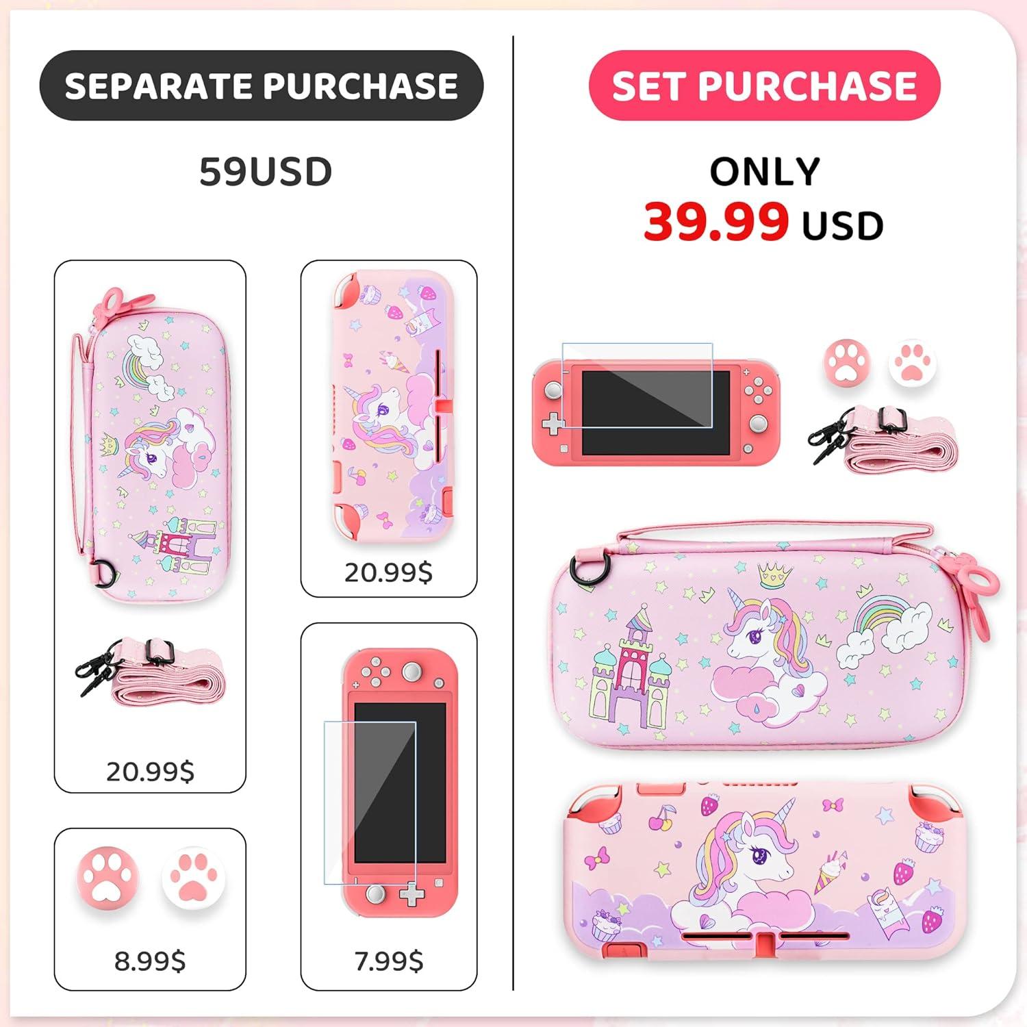Funda Rosa Unicornio RHOTALL para Nintendo Switch Lite con Accesorios