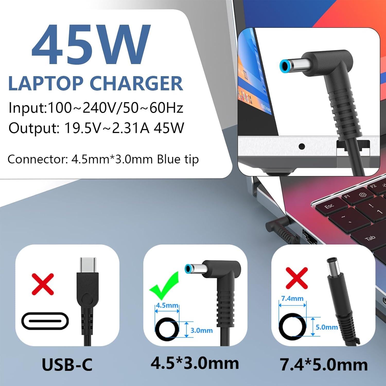 Cargador Laptop 45W HP L25296-002 Punta Azul 19.5V 2.31A