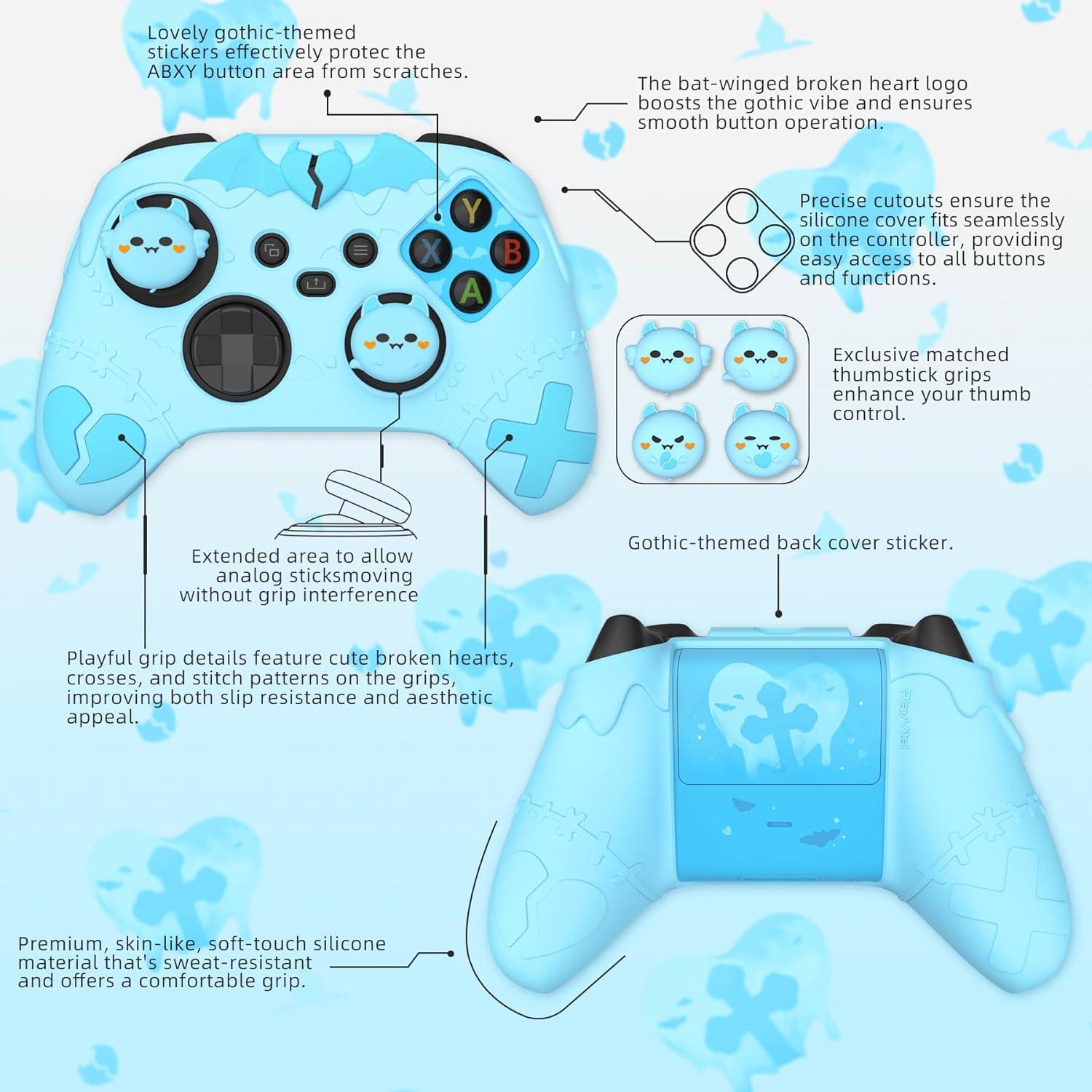 PlayVital Gothic Imp Series Cute Silicone Skin for Xbox Series X & S Controller, Anti-Slip Grip Silicone Cover, Protective Case for Xbox Core Controller with Thumb Grips, Aqua Blue