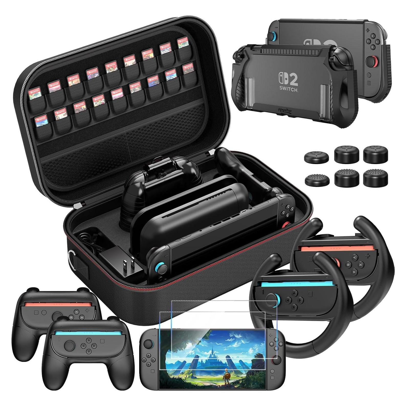 Case for Nintendo Switch 2 Accessories Bundle with Switch 2 Dockable Protective Cover Switch 2 Tempered Film,Switch 2 Racing Wheels Joycon Grip Cover for Nintendo Switch 2 Controller