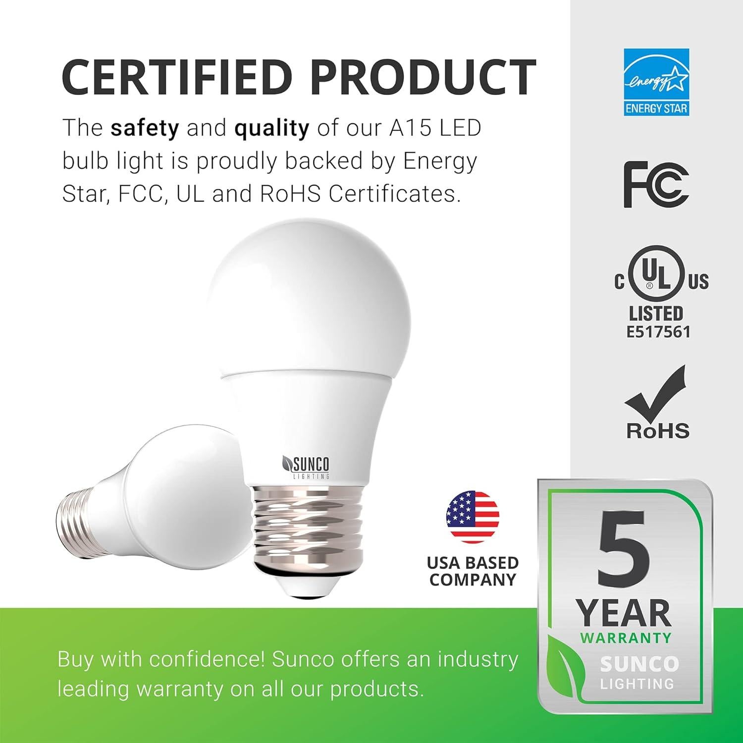 Sunco Paquete 10 Bombillas LED A15 E26 5000K Regulable