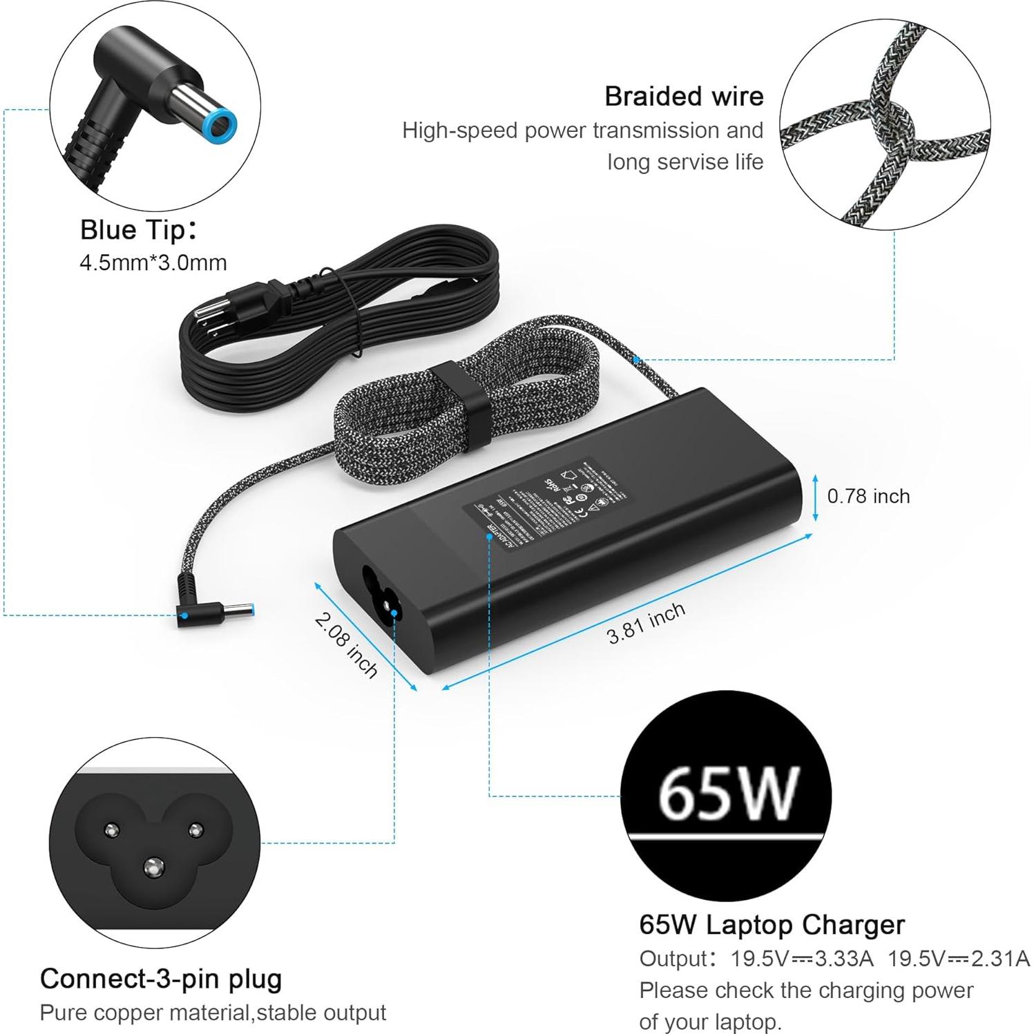 Cargador de Laptop YTech 65W 19.5V 3.33A Punta Azul