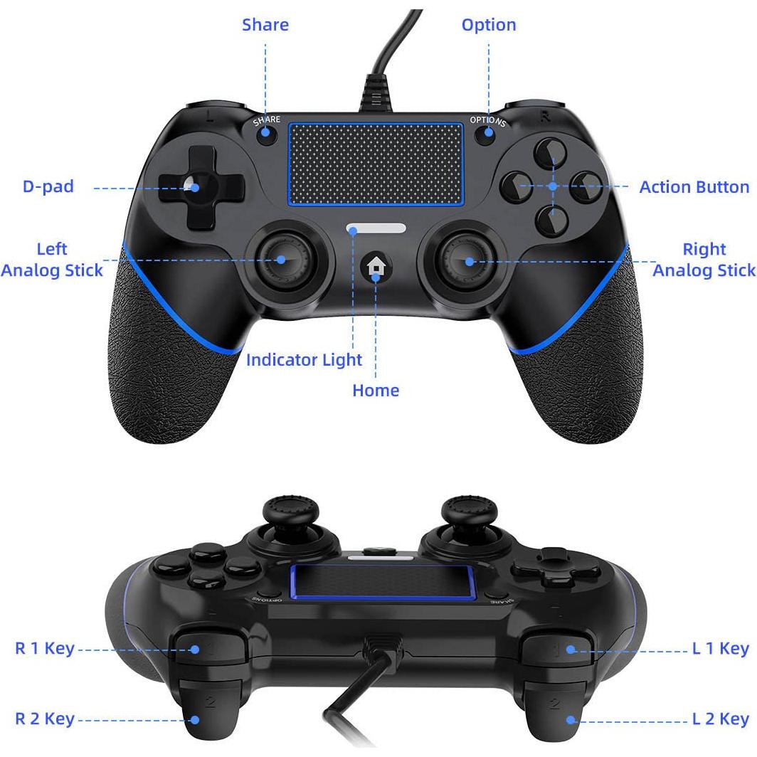 Controlador con cable DIANVEN para PS4 y PC - Negro