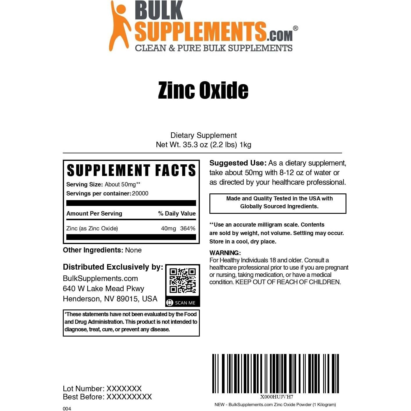 Polvo de Óxido de Zinc BulkSupplements 1kg - Suplemento Mineral