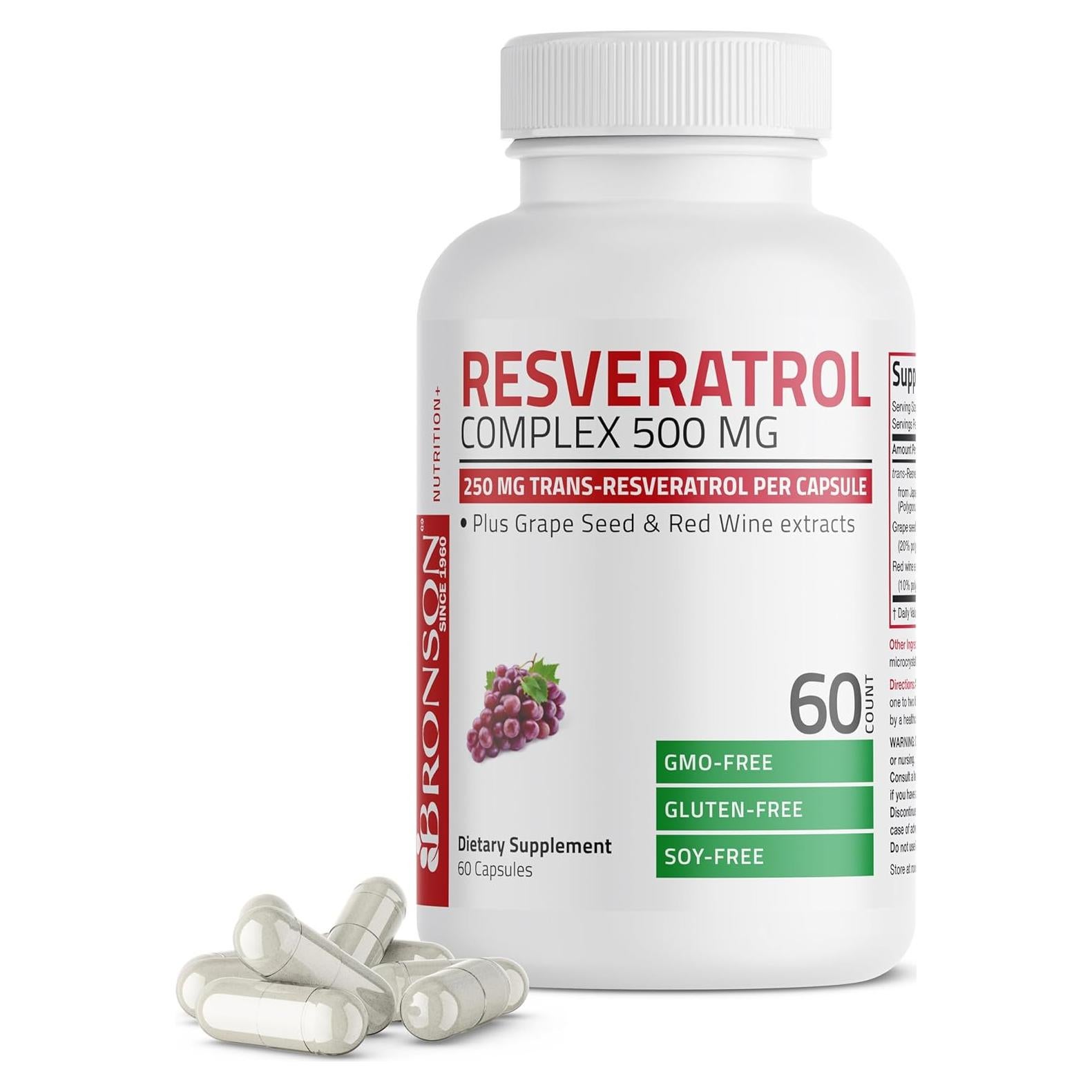 Bronson Resveratrol 500 mg con Semilla de Uva y Vino Tinto - 60 Cápsulas