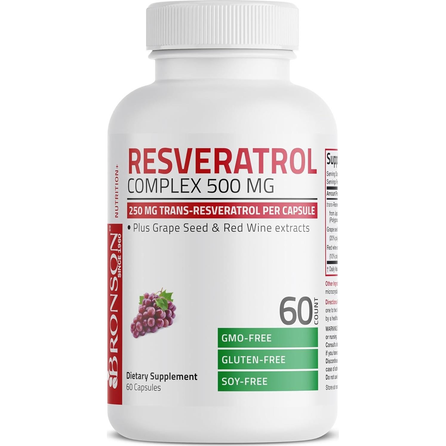 Bronson Resveratrol 500 mg con Semilla de Uva y Vino Tinto - 60 Cápsulas