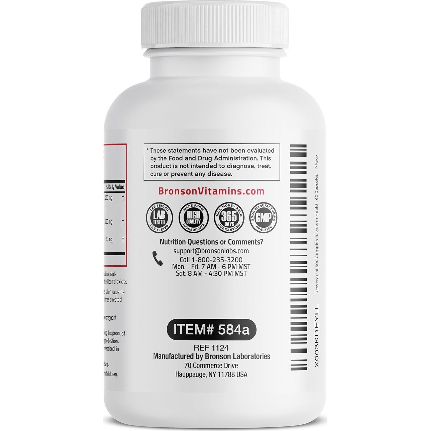 Bronson Resveratrol 500 mg con Semilla de Uva y Vino Tinto - 60 Cápsulas