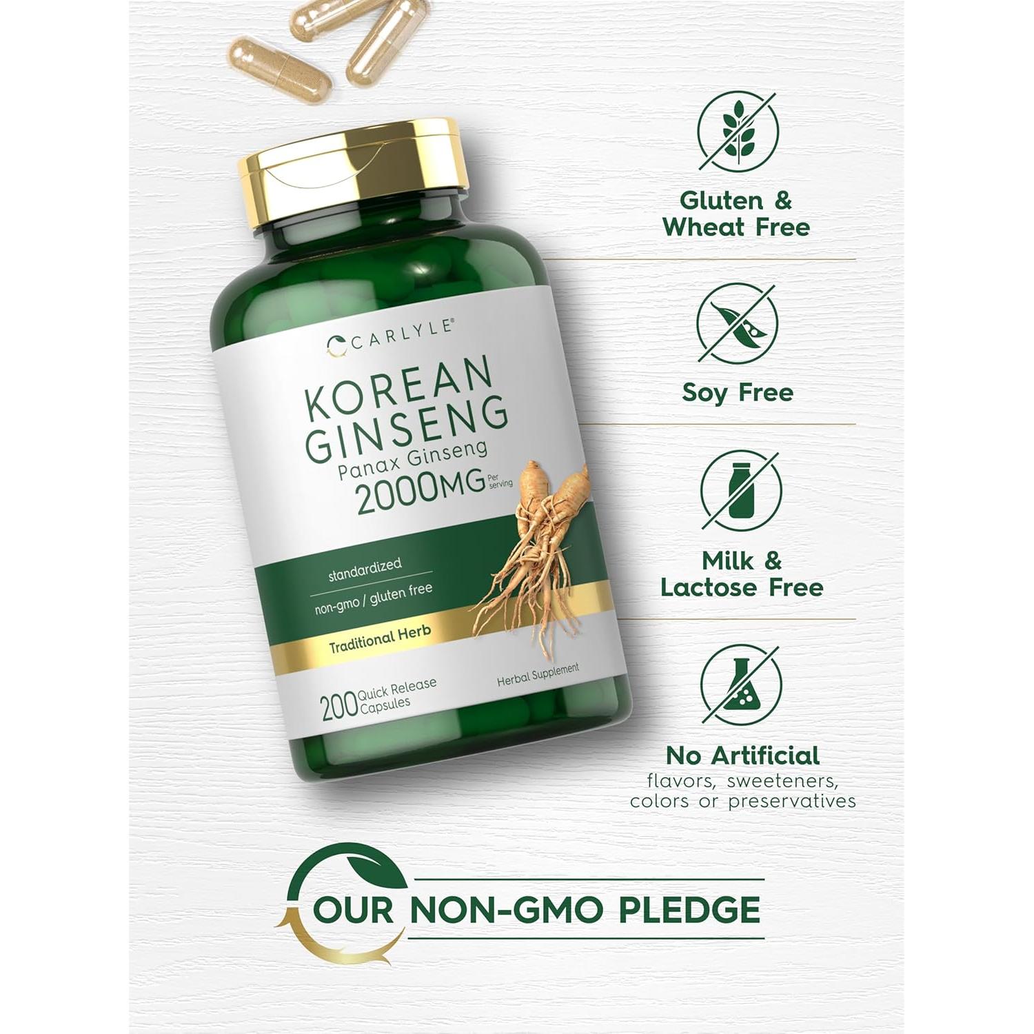 Cápsulas de Ginseng Coreano Carlyle 2000 mg - 200 Unidades