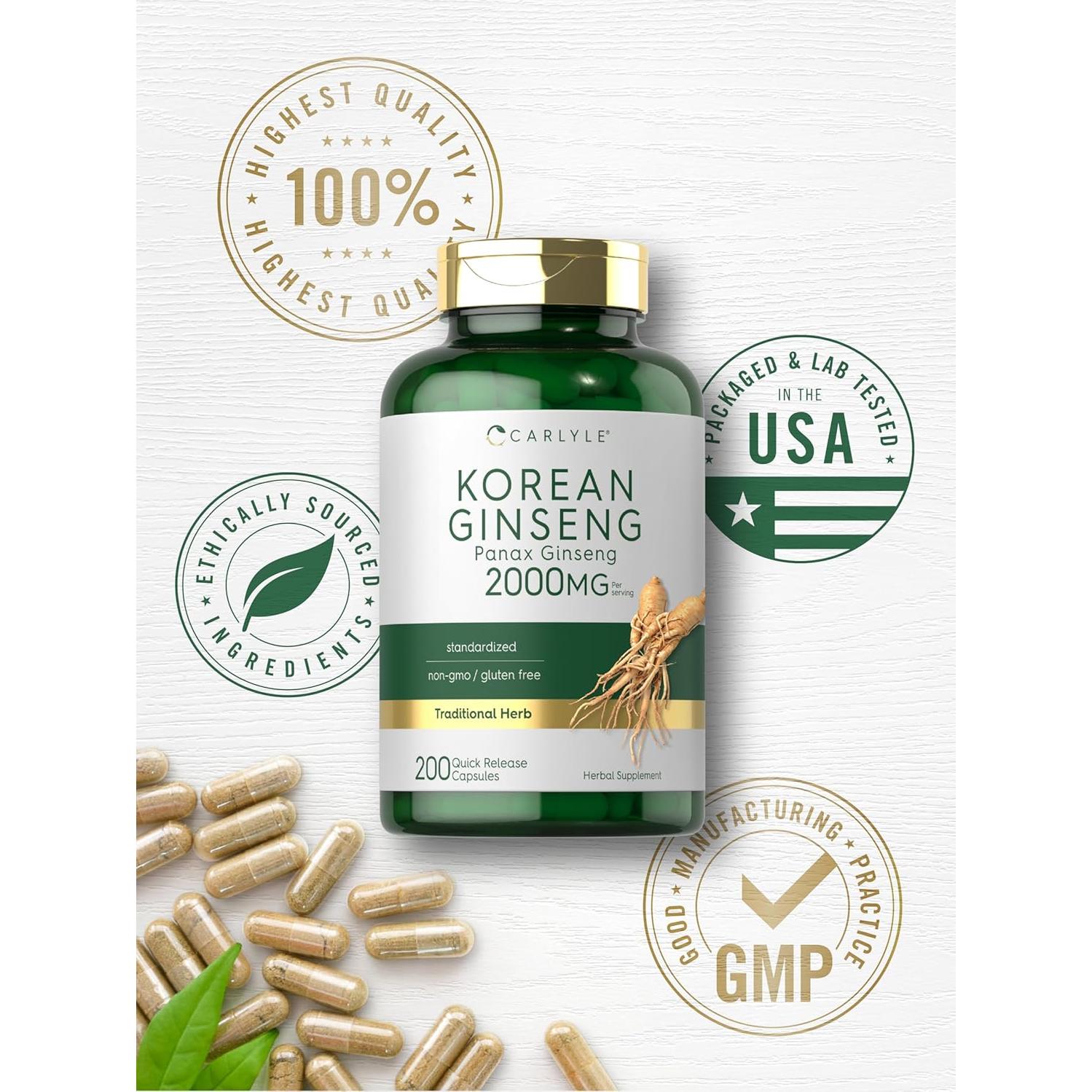 Cápsulas de Ginseng Coreano Carlyle 2000 mg - 200 Unidades