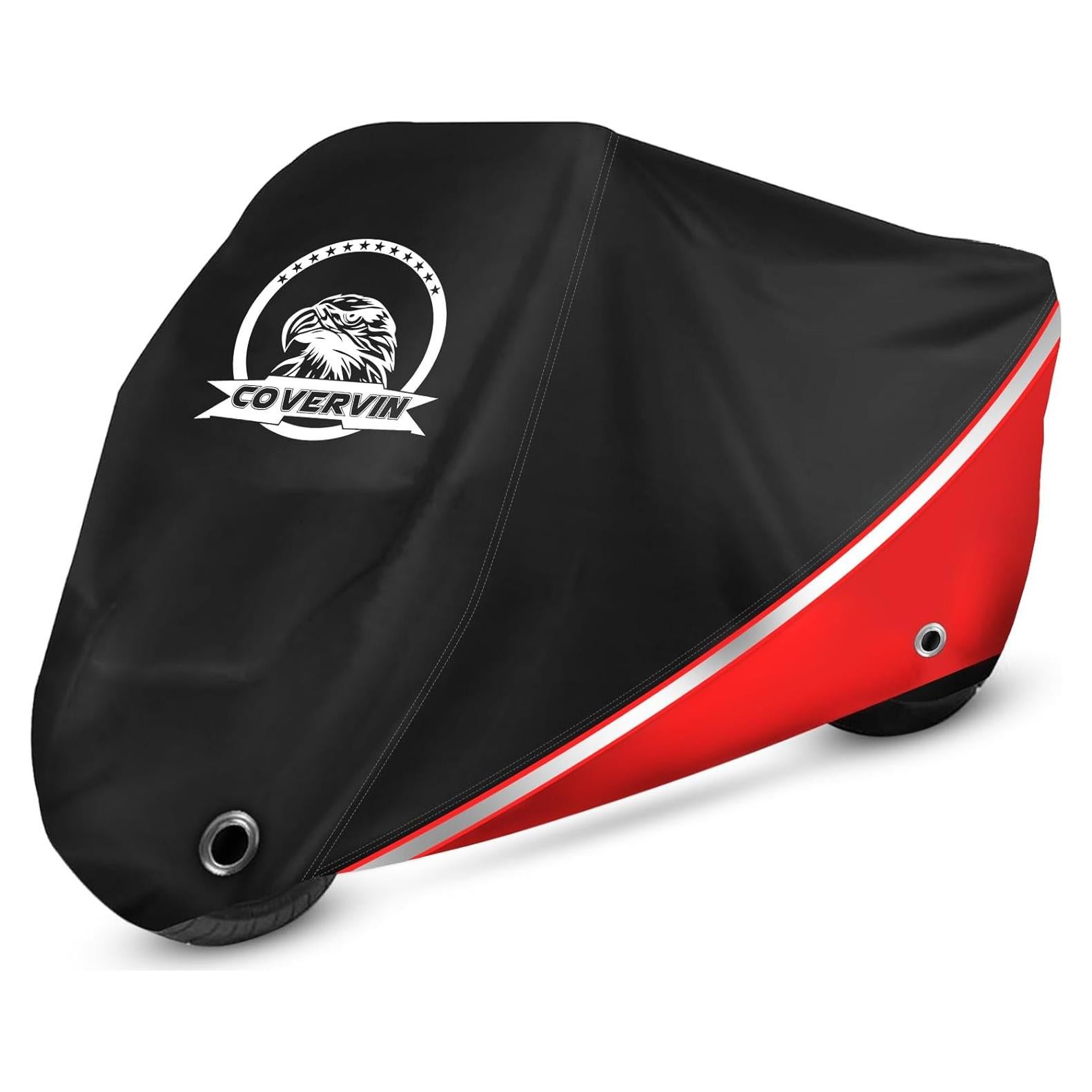 COVERVIN Motorcycle Cover, All Weather Outdoor Waterproof Night Protection with Reflective Strips, Locking Holes and Storage Bag for 86 Inch Suzuki, Kawasaki, Honda, Harley-Davidson(Red M)