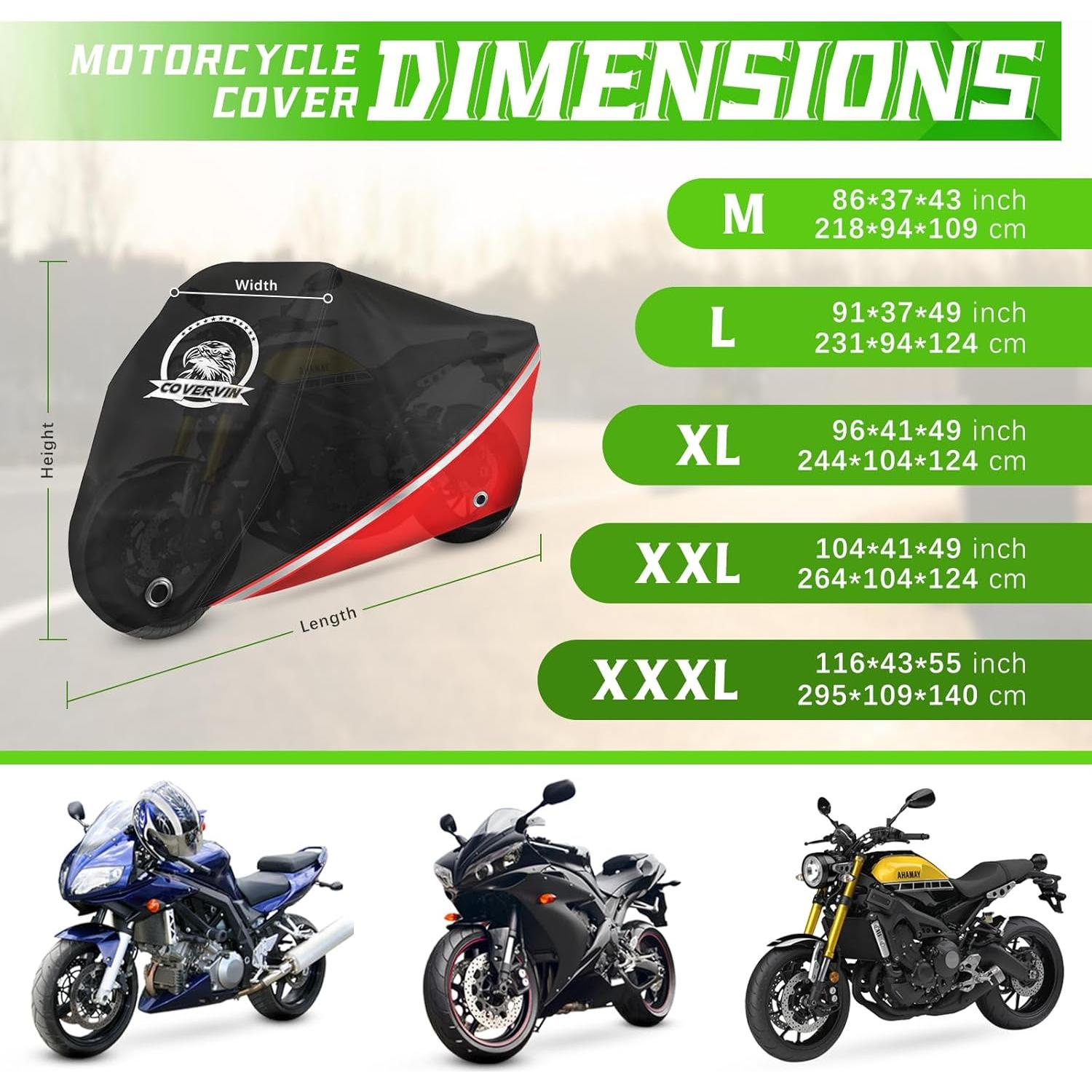 COVERVIN Motorcycle Cover, All Weather Outdoor Waterproof Night Protection with Reflective Strips, Locking Holes and Storage Bag for 86 Inch Suzuki, Kawasaki, Honda, Harley-Davidson(Red M)