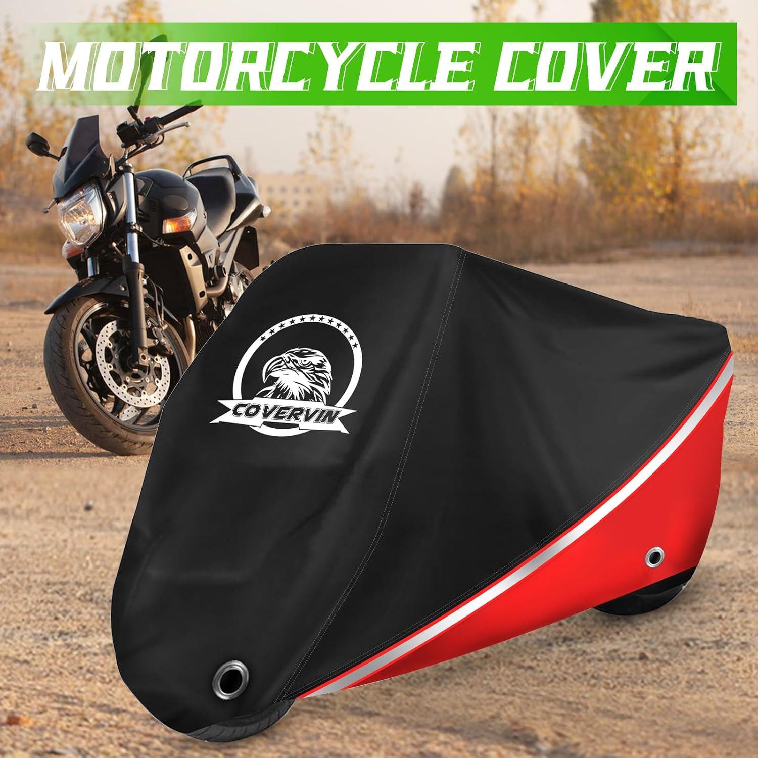COVERVIN Motorcycle Cover, All Weather Outdoor Waterproof Night Protection with Reflective Strips, Locking Holes and Storage Bag for 86 Inch Suzuki, Kawasaki, Honda, Harley-Davidson(Red M)