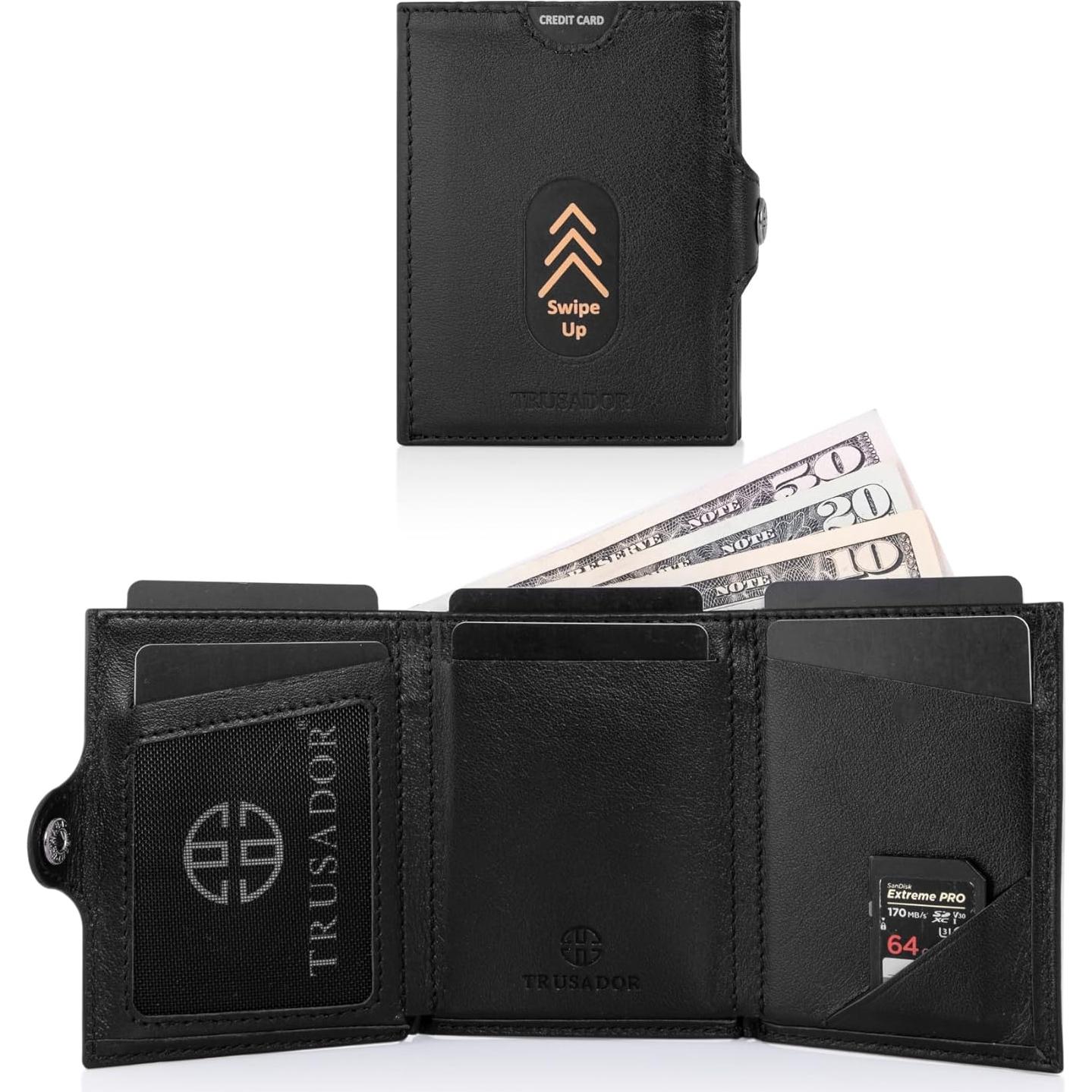 Billetera de Cuero Unisex TRUSADOR Valencia Compacta RFID Negra