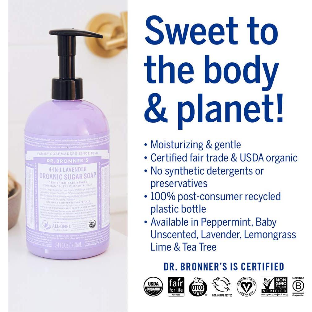 Jabón Orgánico Dr. Bronner's Lavanda 710ml - 4 en 1 Vegano