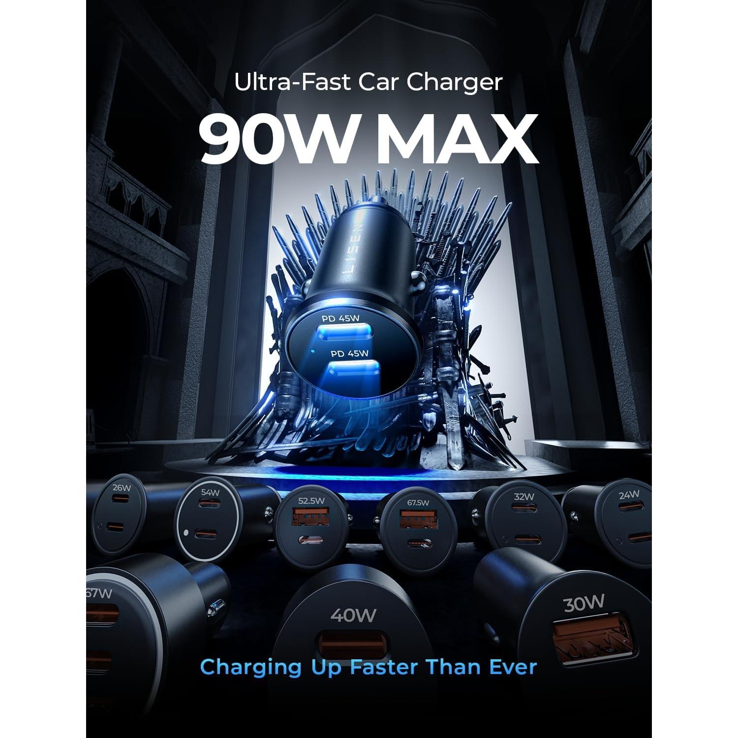 Cargador de Coche USB C LISEN 90W con 2 Puertos PD 45W