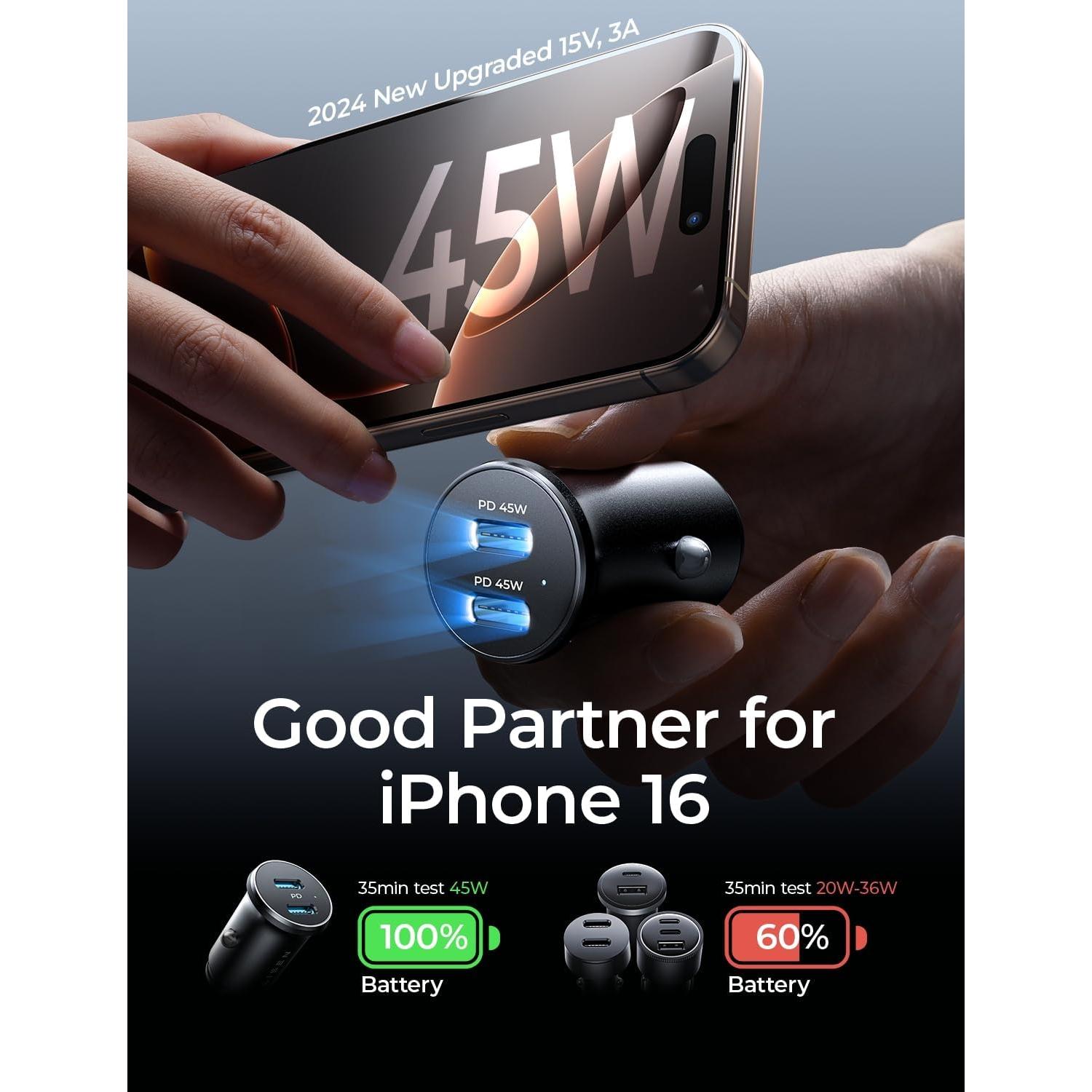 Cargador de Coche USB C LISEN 90W con 2 Puertos PD 45W