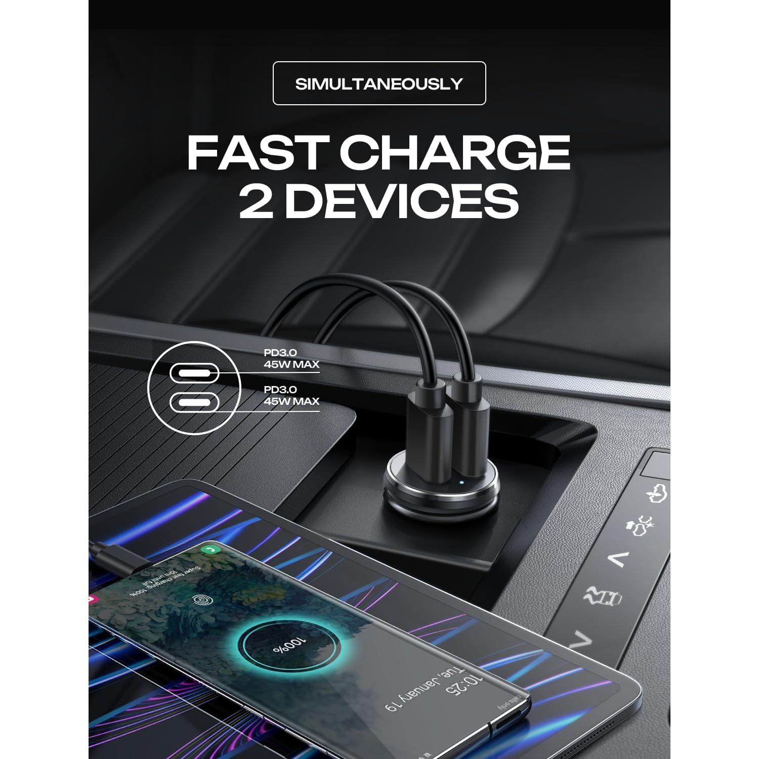 Cargador de Coche USB C LISEN 90W con 2 Puertos PD 45W