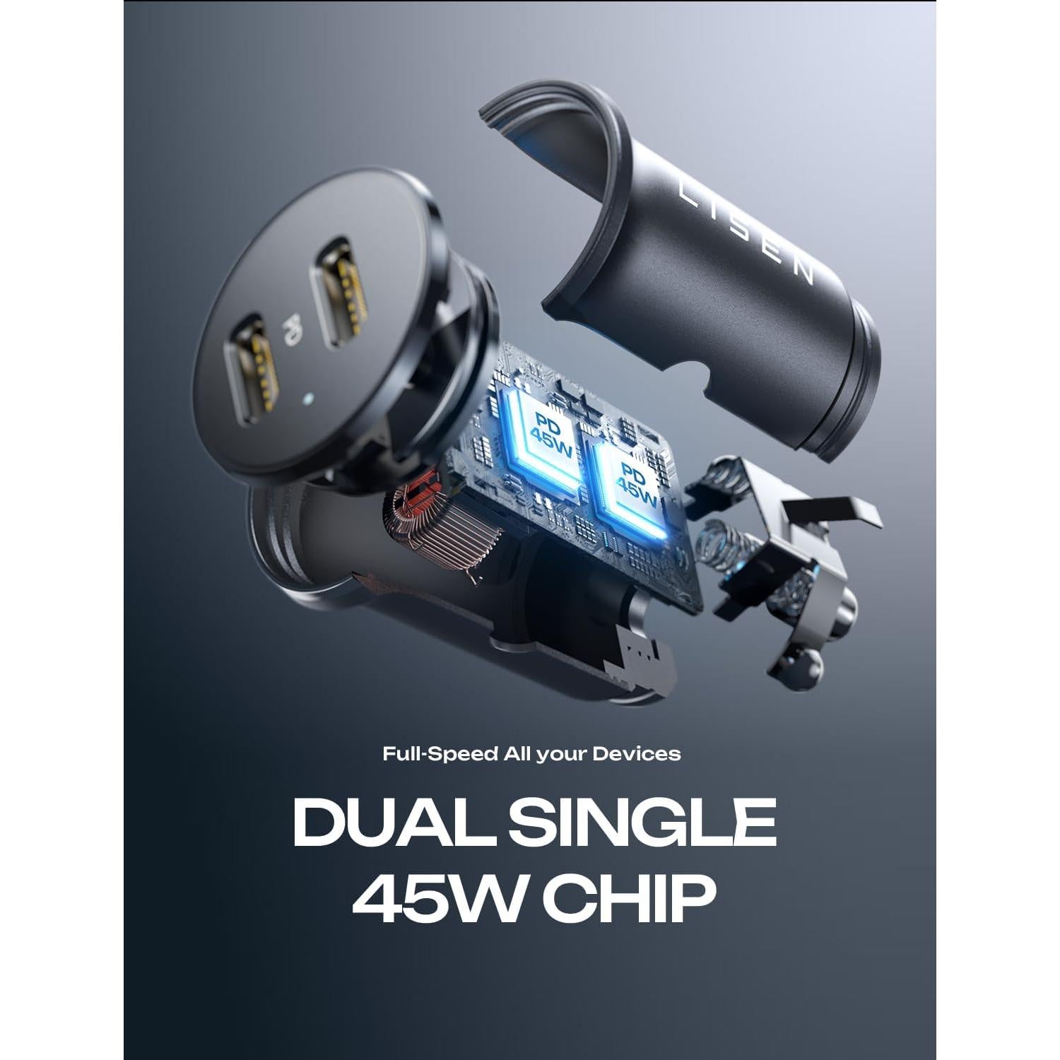 Cargador de Coche USB C LISEN 90W con 2 Puertos PD 45W