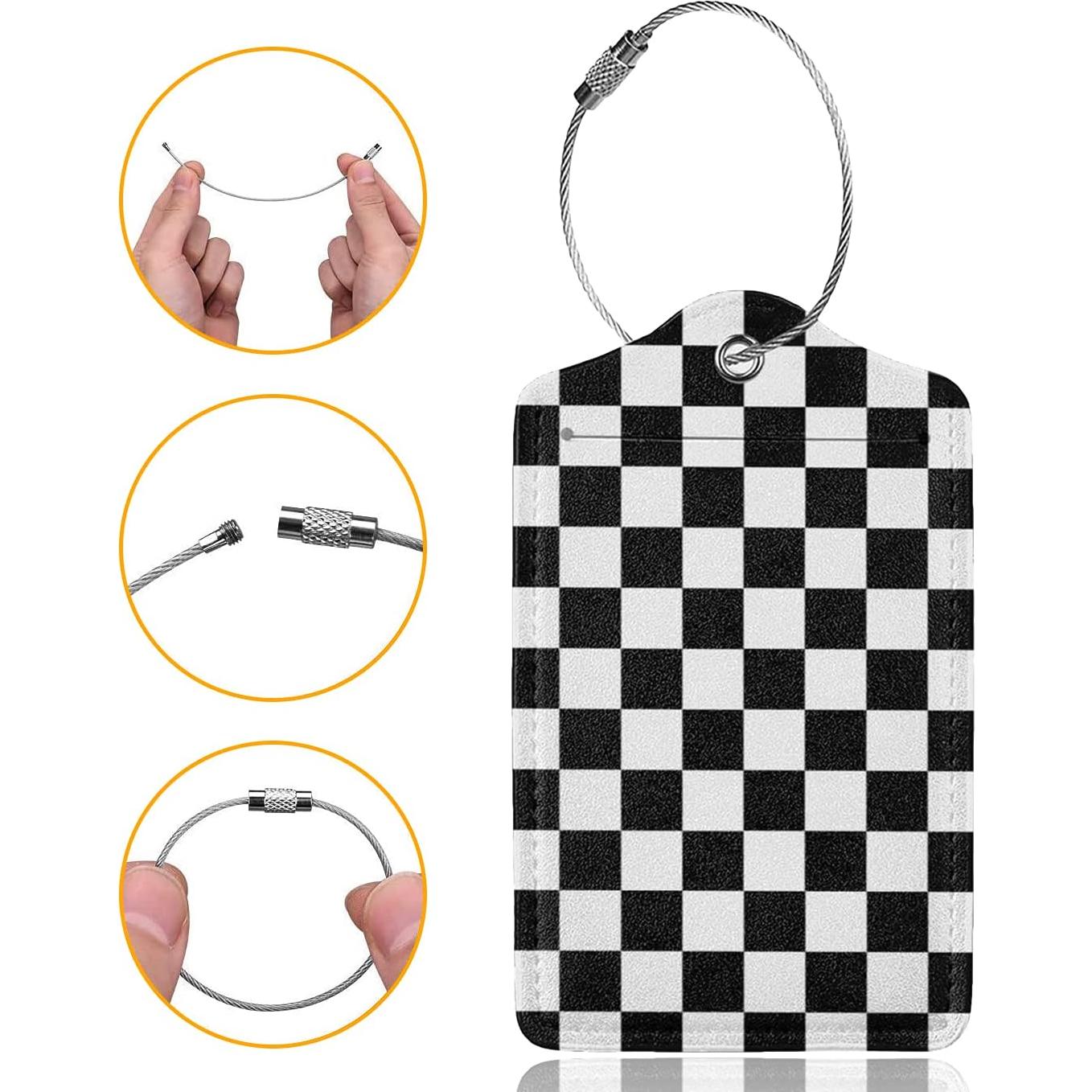 2 Etiquetas de Equipaje de Cuero Sintético AGAXOZW - Cuadrícula Negra y Blanca