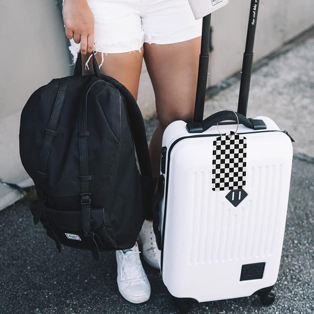 2 Etiquetas de Equipaje de Cuero Sintético AGAXOZW - Cuadrícula Negra y Blanca