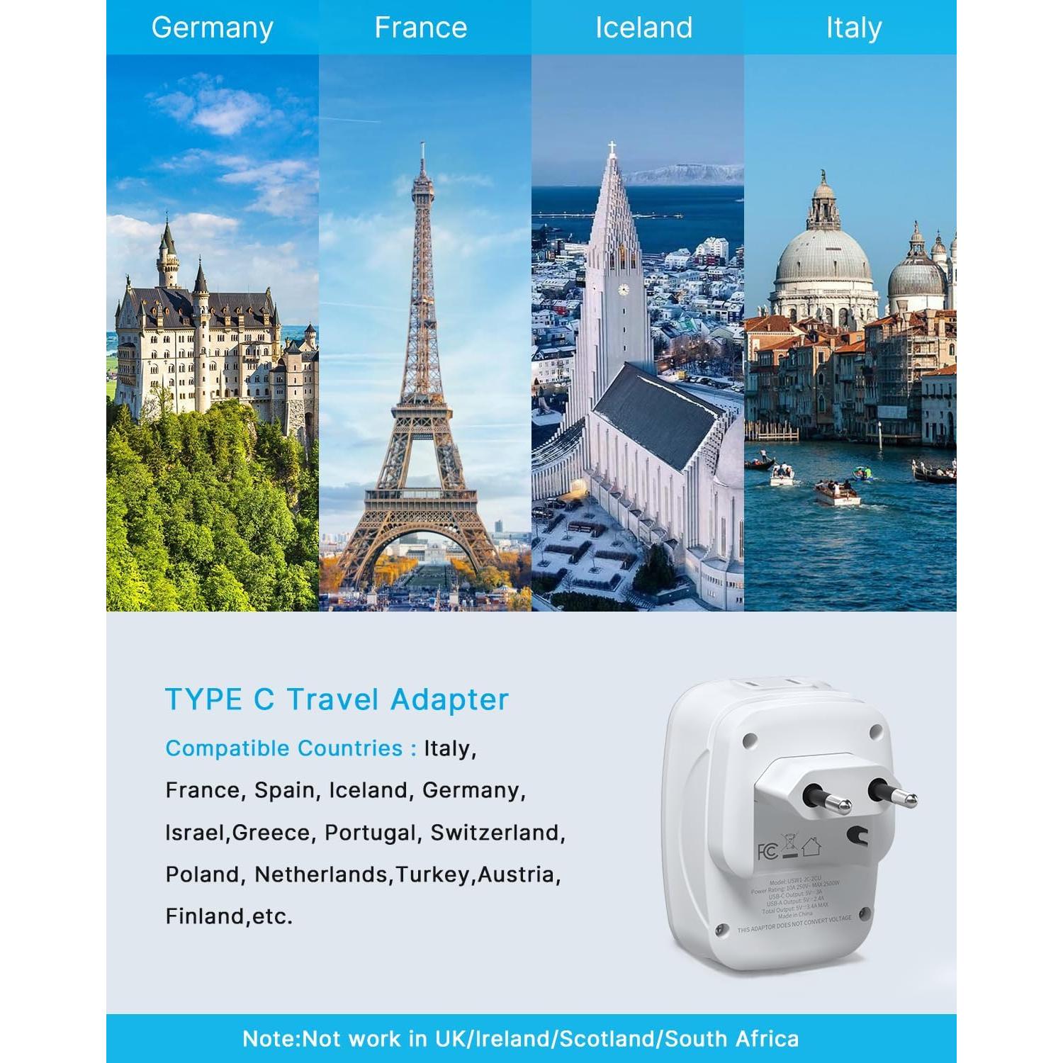 Adaptador de Enchufe de Viaje VINTAR Tipo C 2 Paquetes Plegable