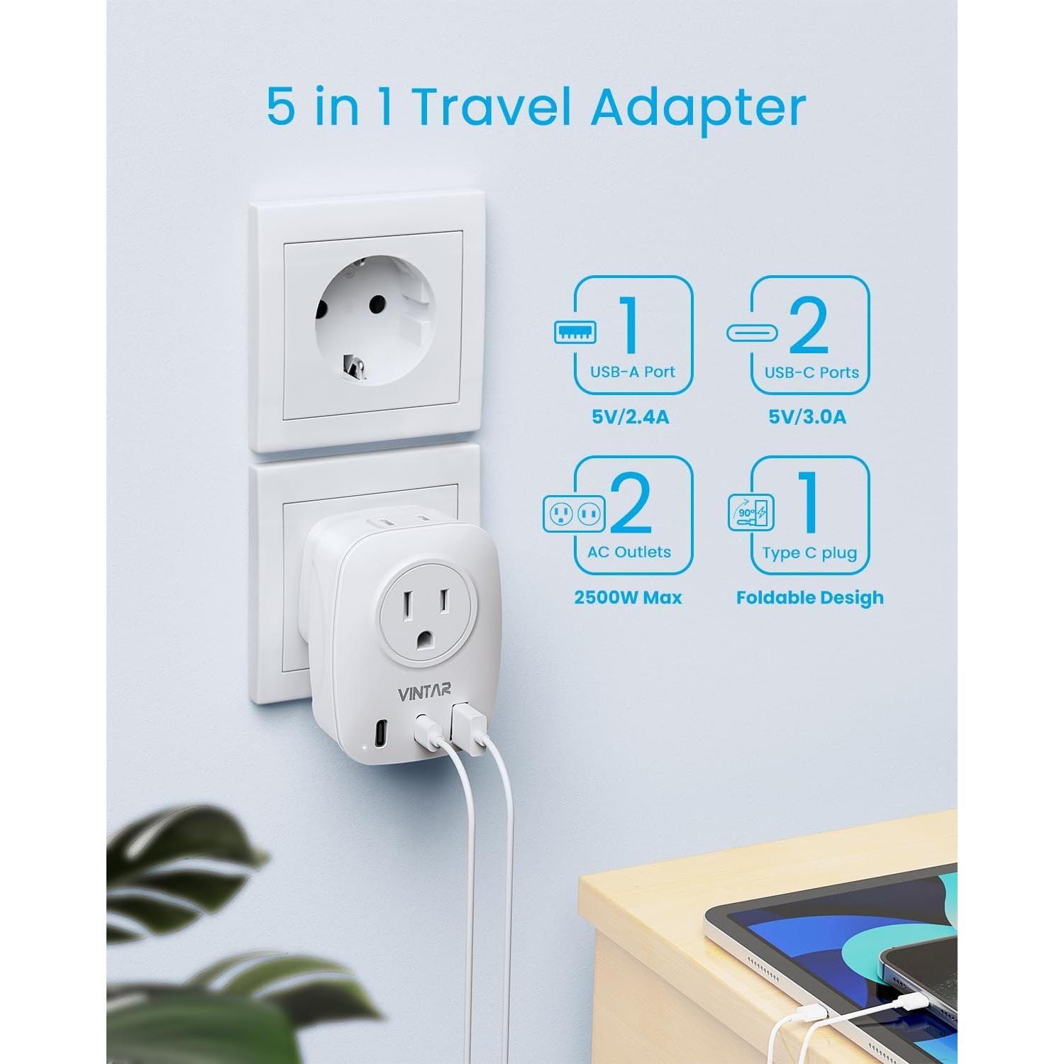 Adaptador de Enchufe de Viaje VINTAR Tipo C 2 Paquetes Plegable
