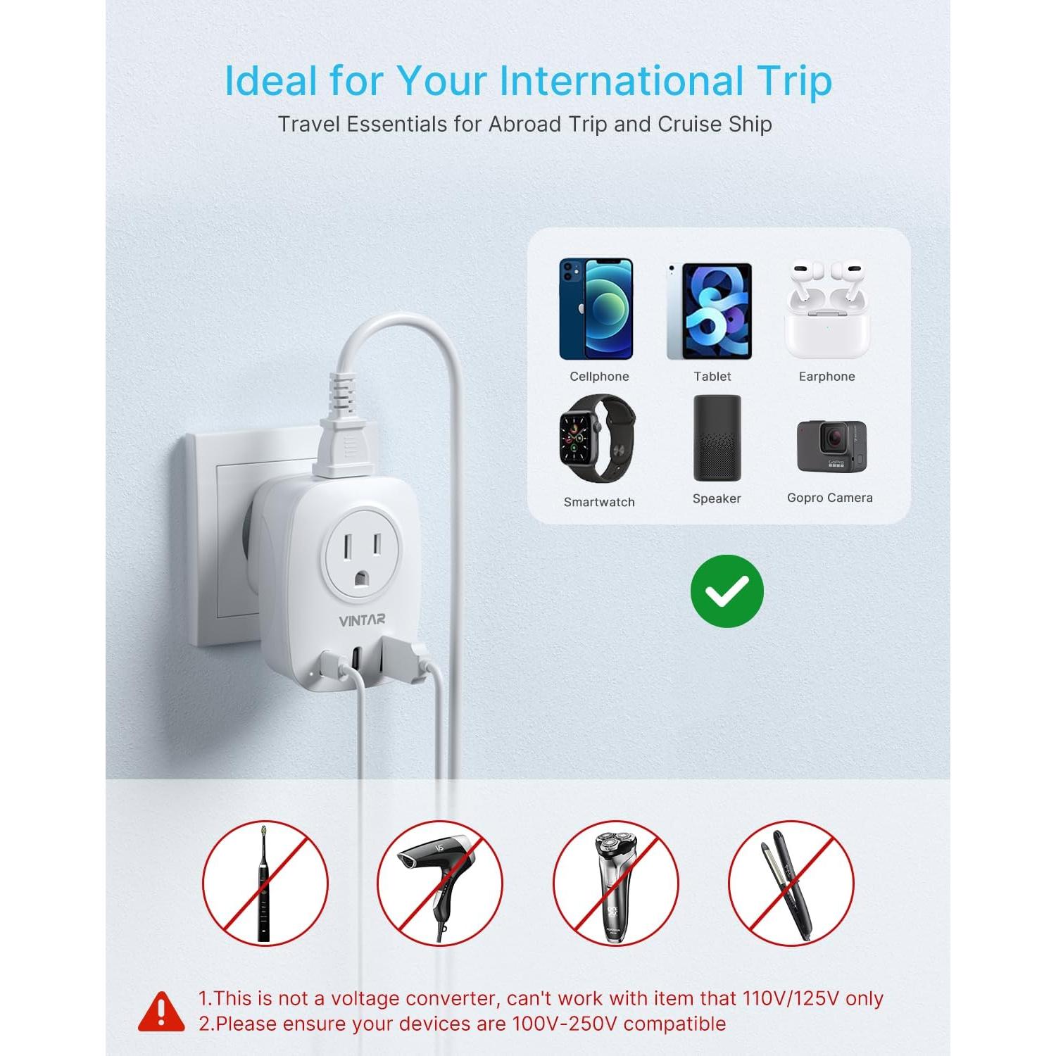 Adaptador de Enchufe de Viaje VINTAR Tipo C 2 Paquetes Plegable