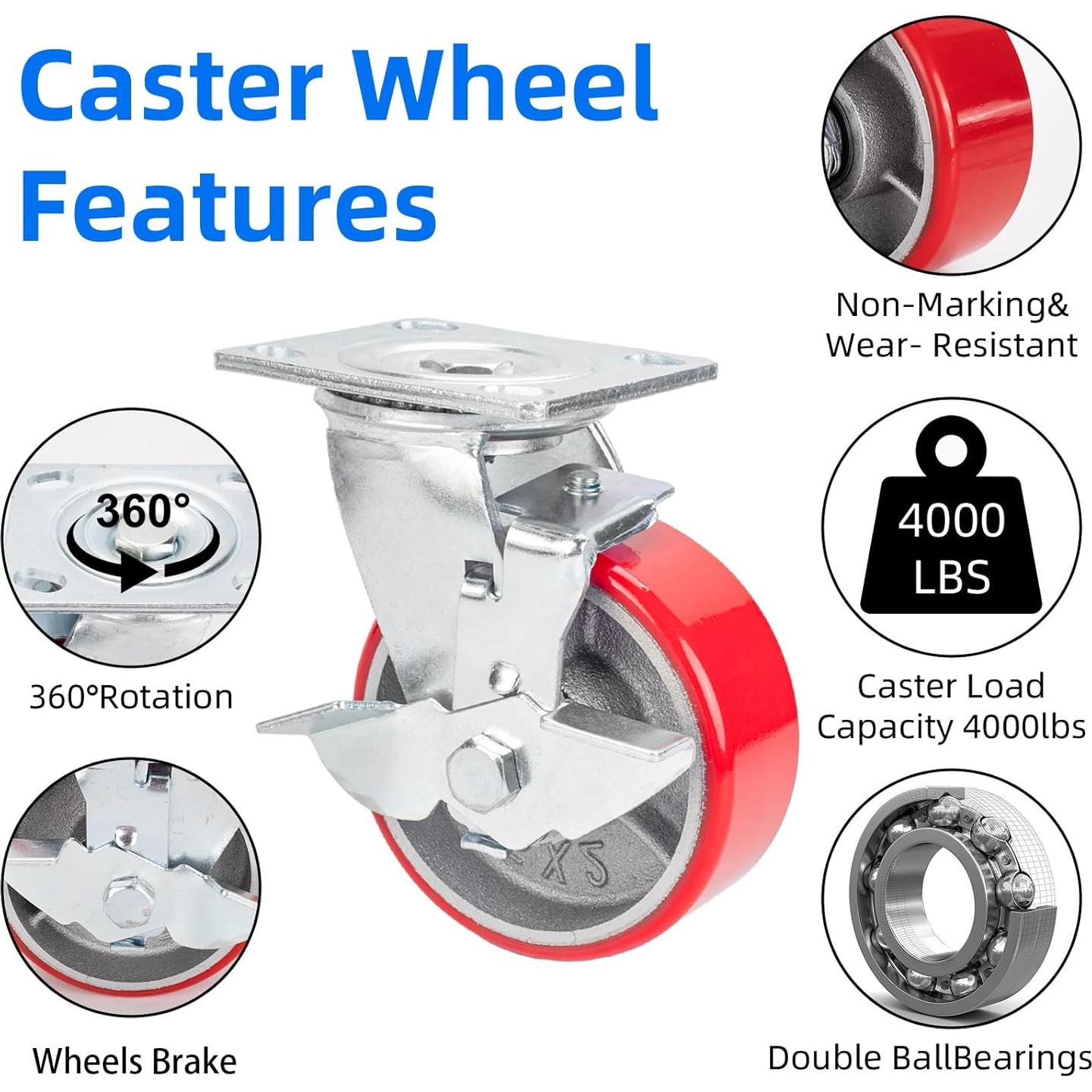 Nefish Juego de 4 Ruedas Giratorias 12.7 cm con Freno 1814 kg