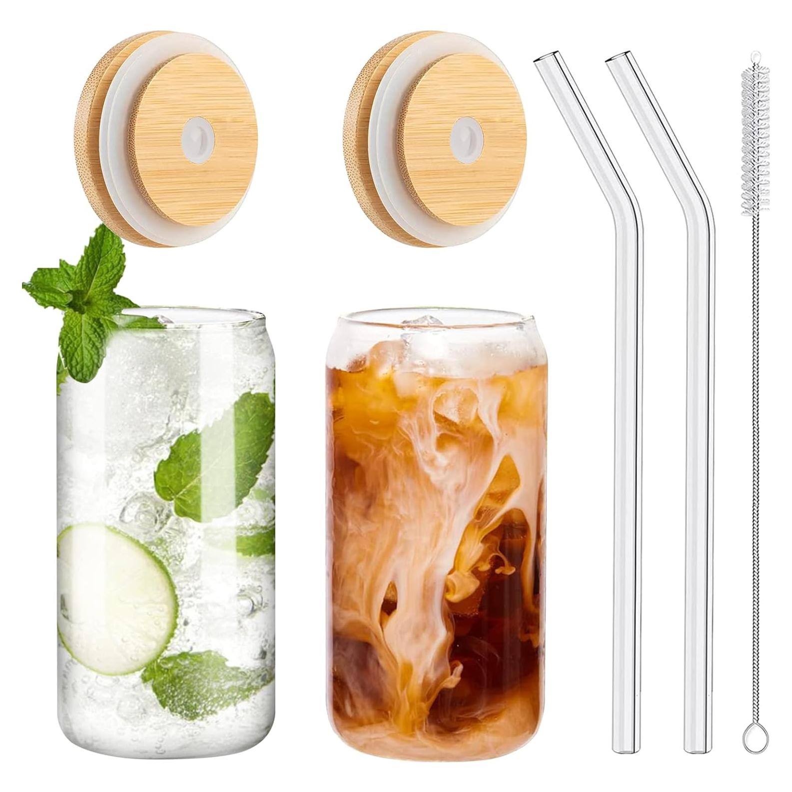 Set de 2 Vasos de Vidrio 16 oz con Tapa de Bambú y Popote WISIMMALL