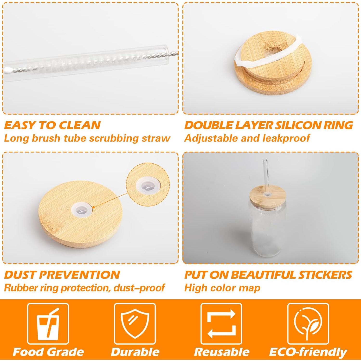 Set de 2 Vasos de Vidrio 16 oz con Tapa de Bambú y Popote WISIMMALL