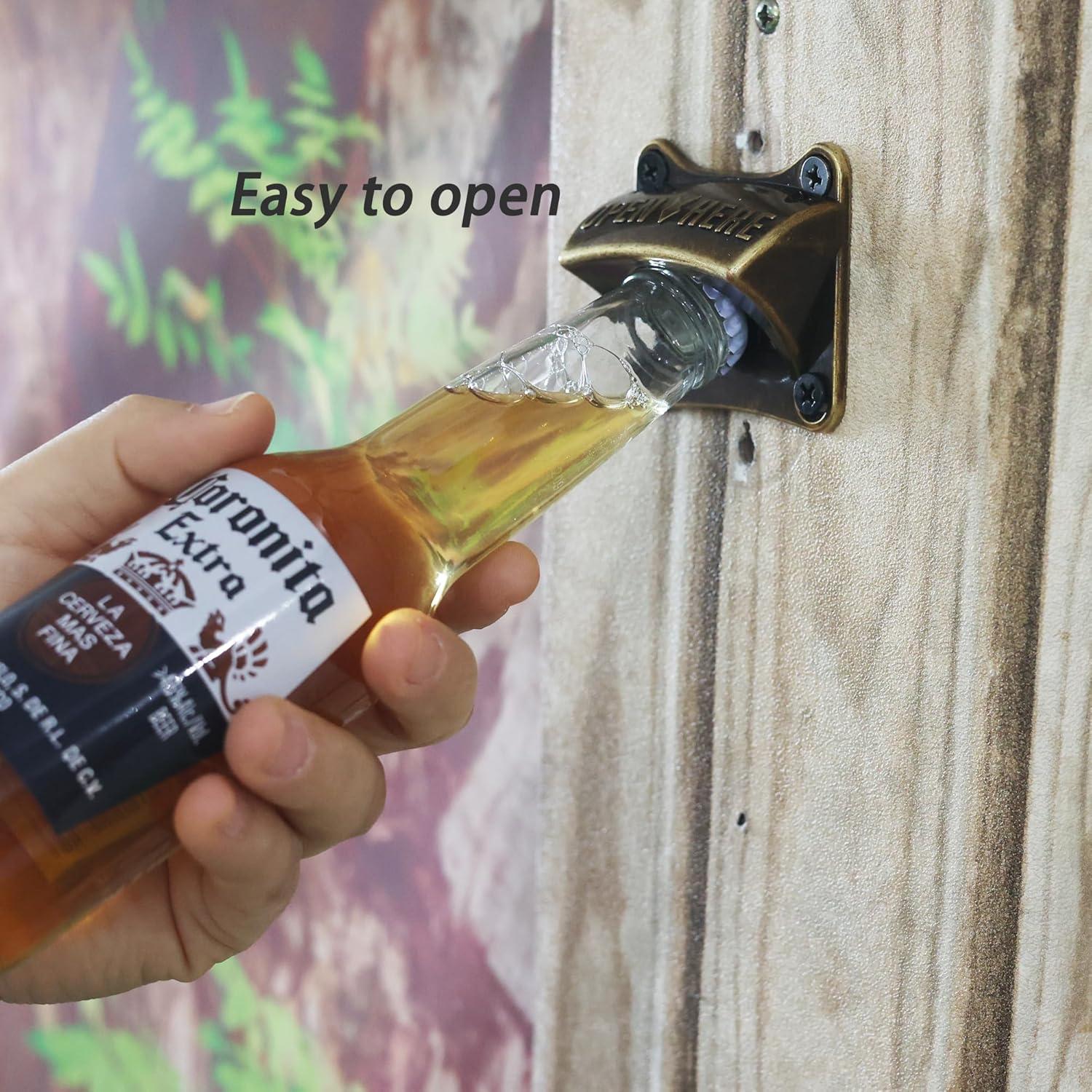 Square Magnetic Bottle Opener Wall Mounted Brass Beer Top Opener with Magnets Cooler Mounted (Antique Bronze)