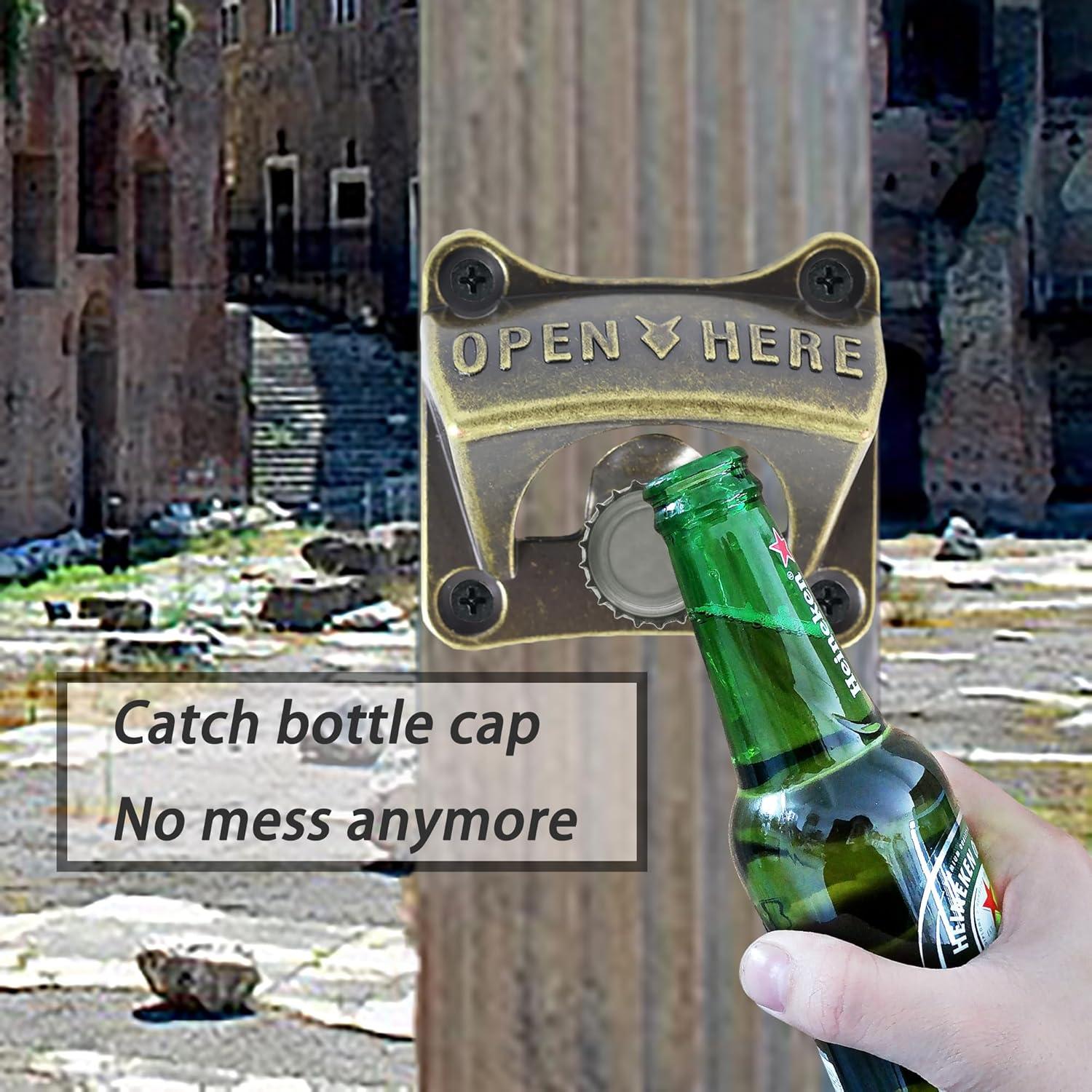 Square Magnetic Bottle Opener Wall Mounted Brass Beer Top Opener with Magnets Cooler Mounted (Antique Bronze)