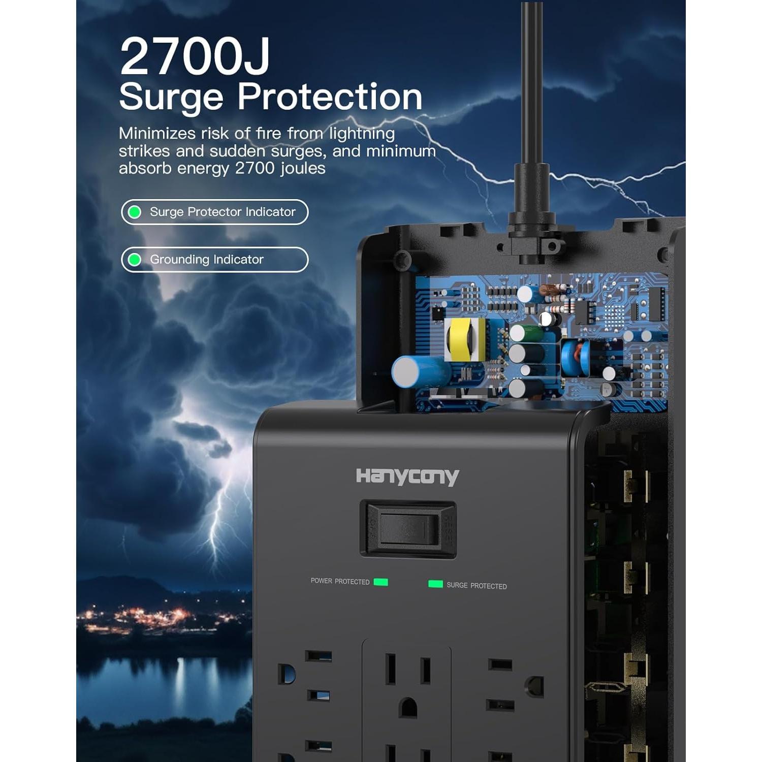 Regleta de Protección HANYCONY 1.5m 16 Salidas 4 USB Carga