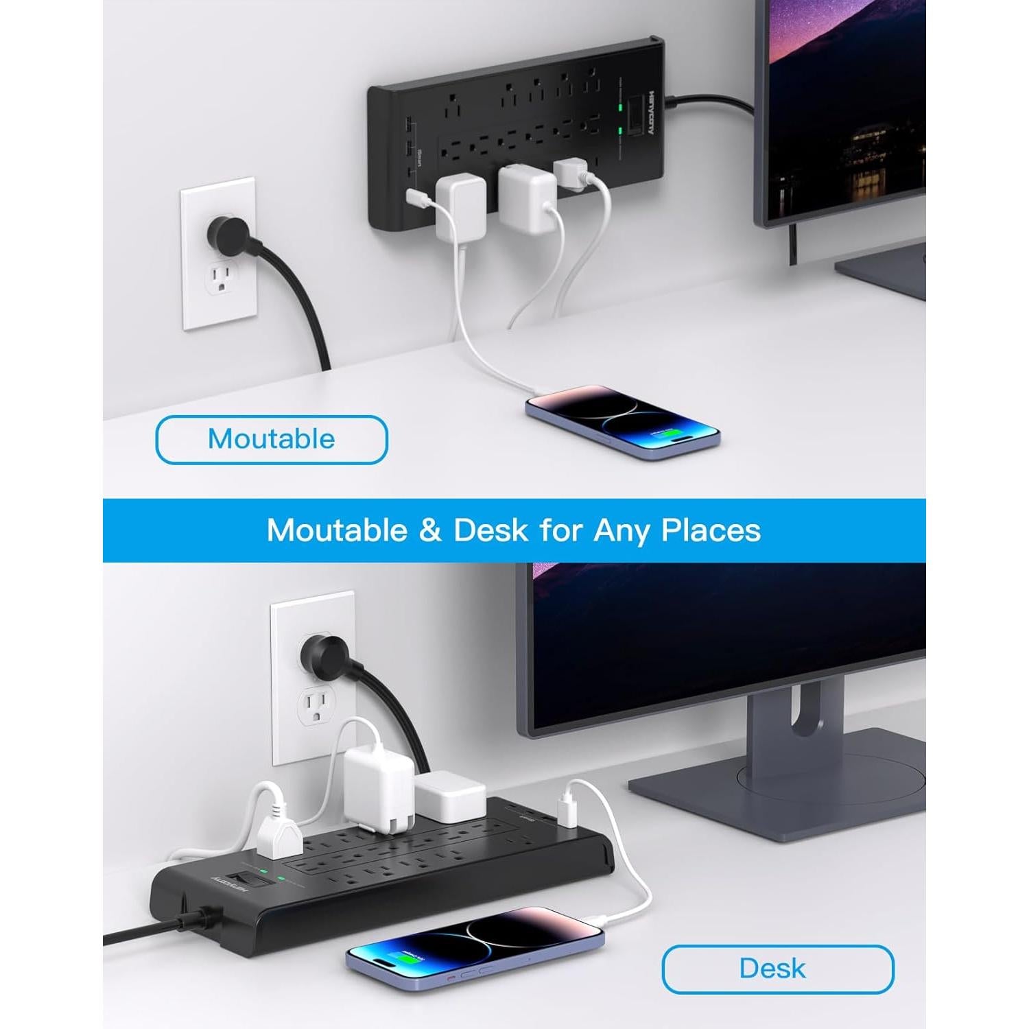 Regleta de Protección HANYCONY 1.5m 16 Salidas 4 USB Carga