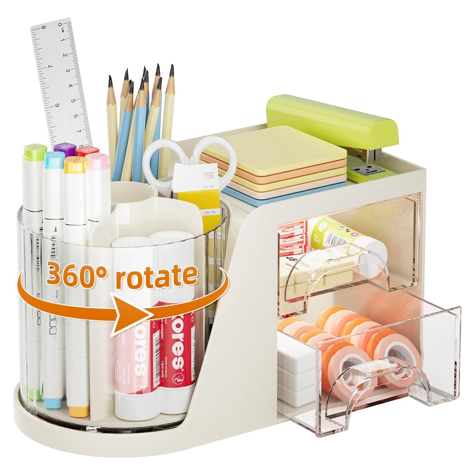 Organizador de Escritorio Marbrasse Beige con 2 Cajones y Soporte Rotatorio