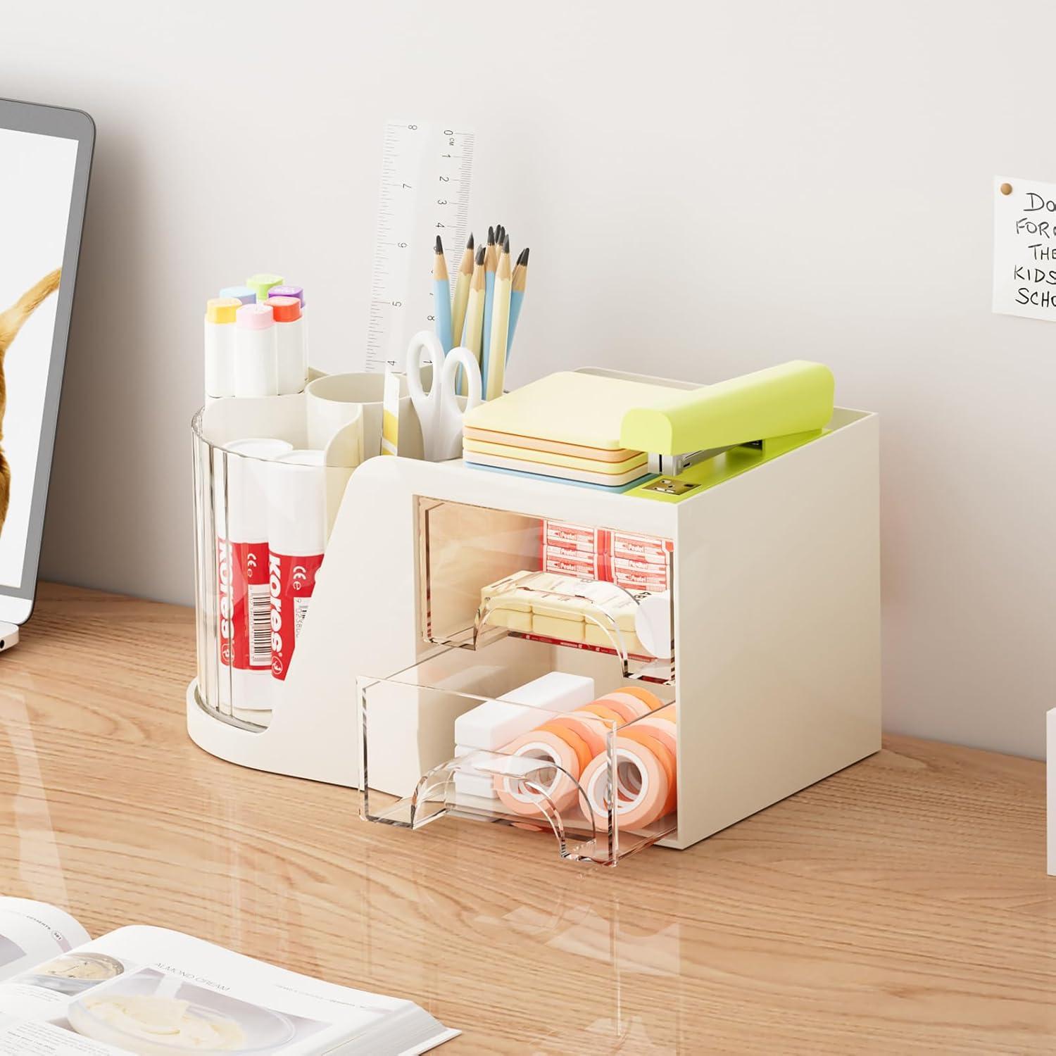 Organizador de Escritorio Marbrasse Beige con 2 Cajones y Soporte Rotatorio