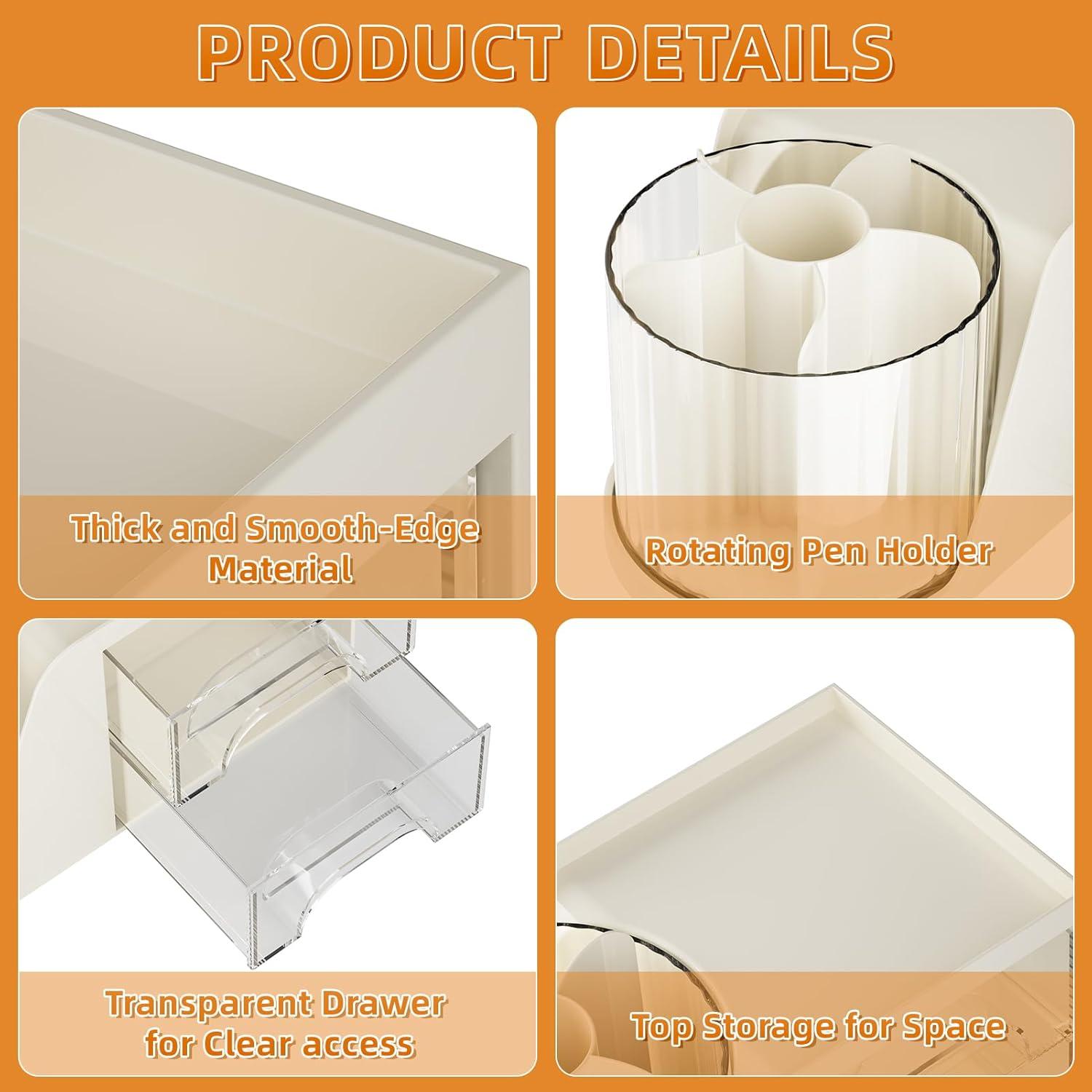 Organizador de Escritorio Marbrasse Beige con 2 Cajones y Soporte Rotatorio