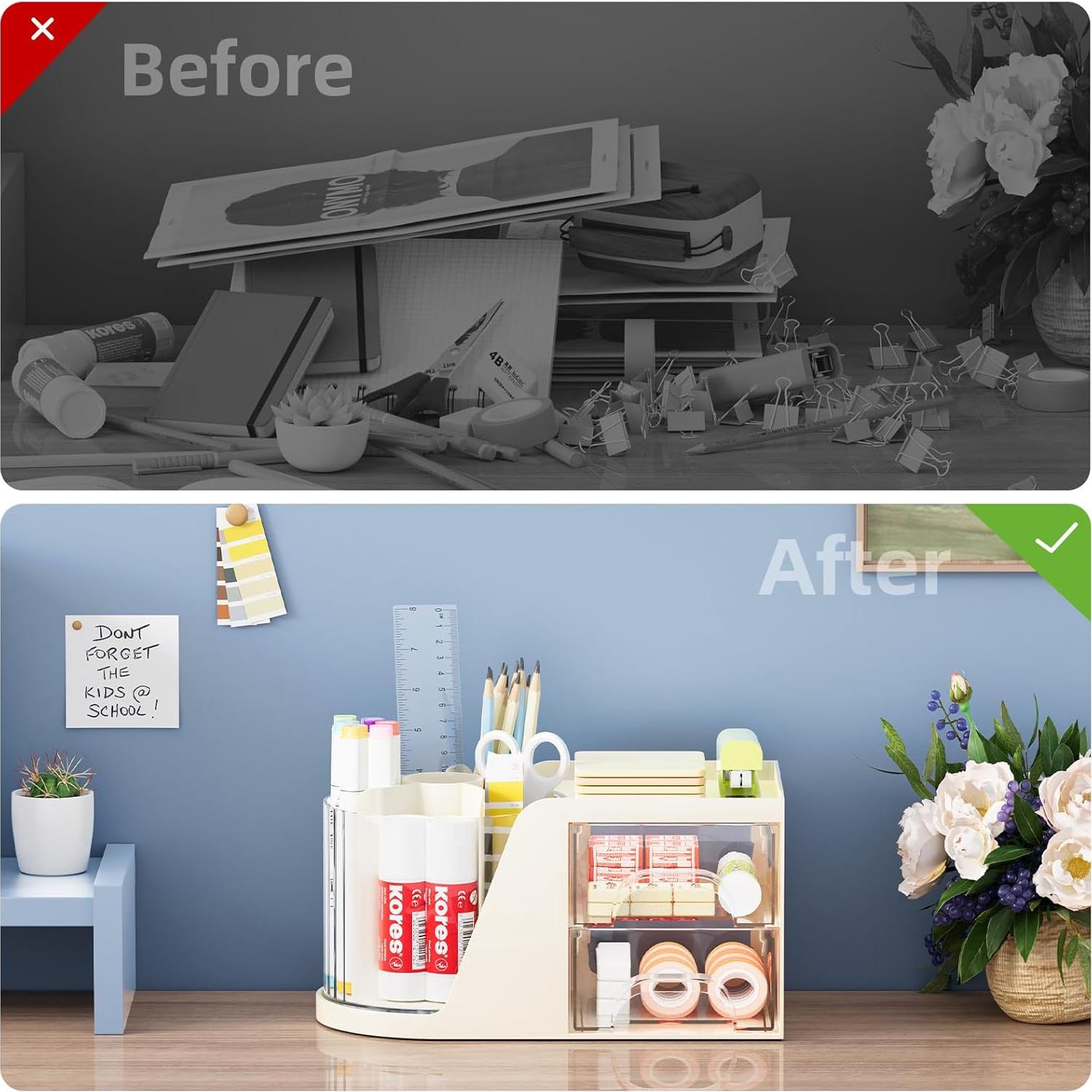 Organizador de Escritorio Marbrasse Beige con 2 Cajones y Soporte Rotatorio