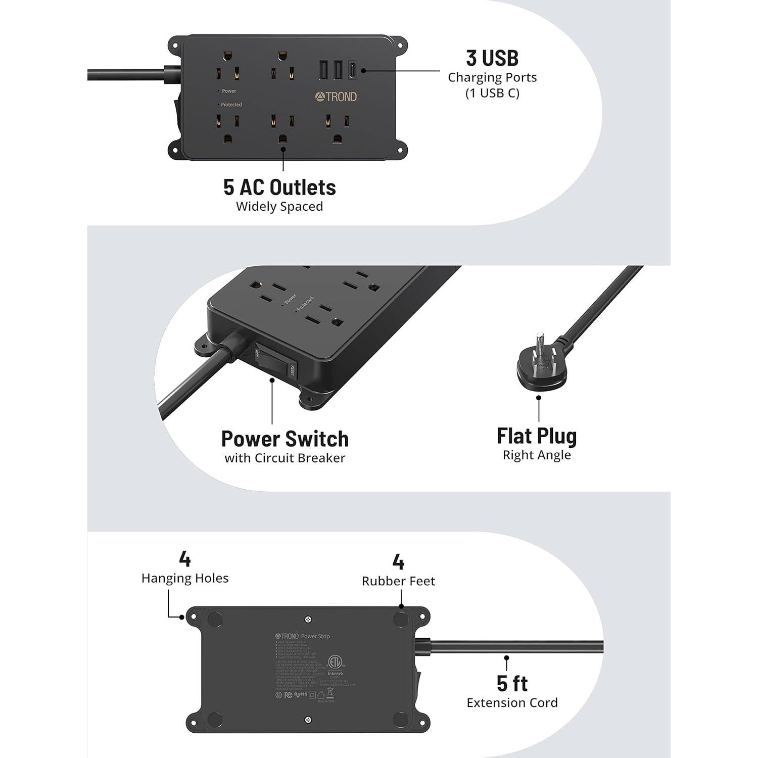 Regleta de Poder TROND Prime III 5 Salidas USB 1.5m Negra