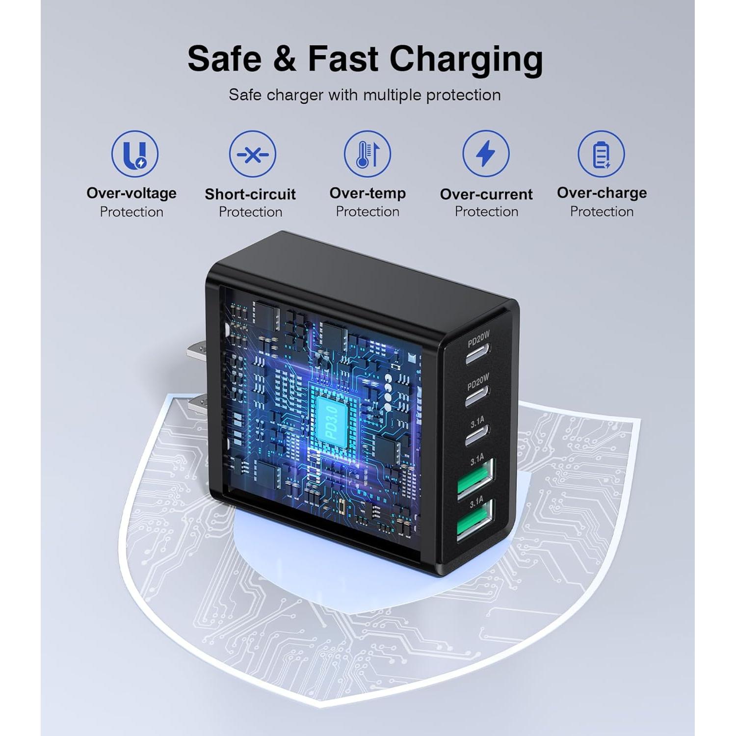 Cargador de pared USB C 50W Qwinjwin 5 Puertos Negro