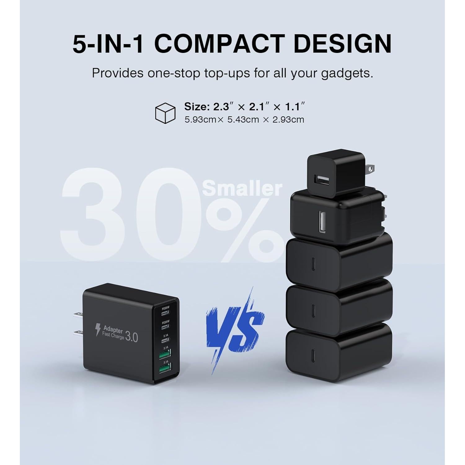 Cargador de pared USB C 50W Qwinjwin 5 Puertos Negro